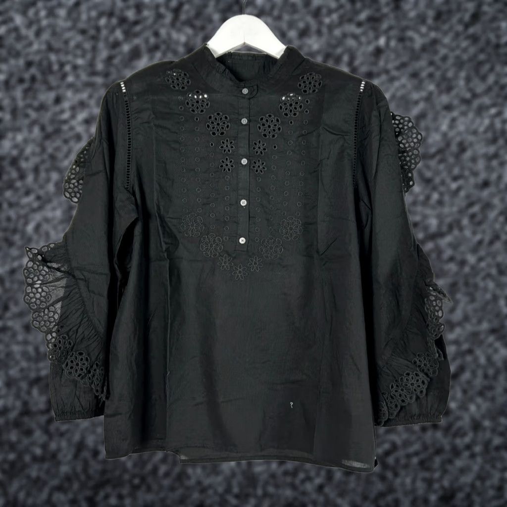 J.Crew J.Crew Blouse Shirt Womens Ruffle-Sleeve Embroidered Eyelet Black Large L AR971 New Size L / US 10 / IT 46 - 1 Thumbnail