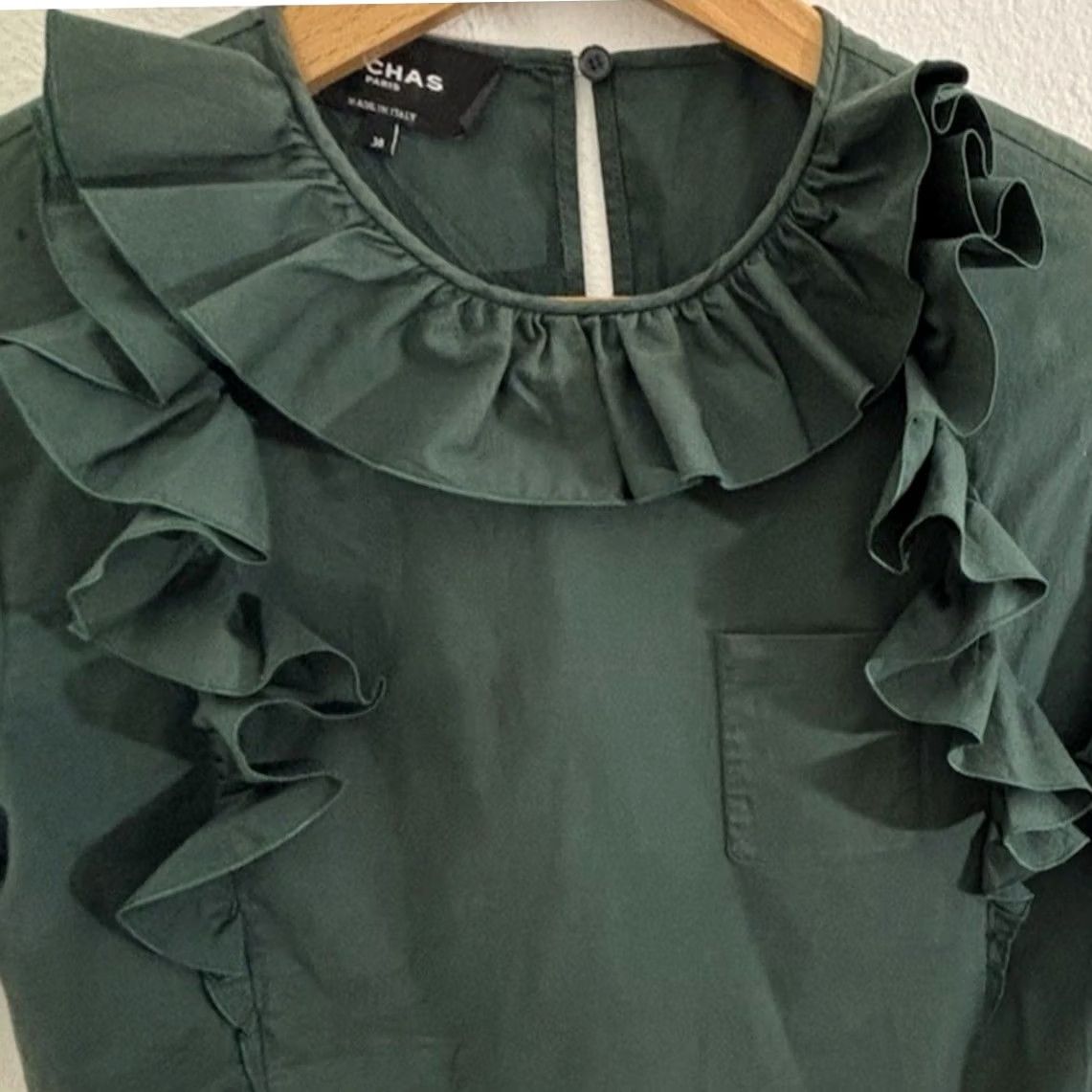 Rochas Rochas Paris Ruffle Top Green Solid Cotton Women Size 38 Size XS / US 0-2 / IT 36-38 - 6 Thumbnail