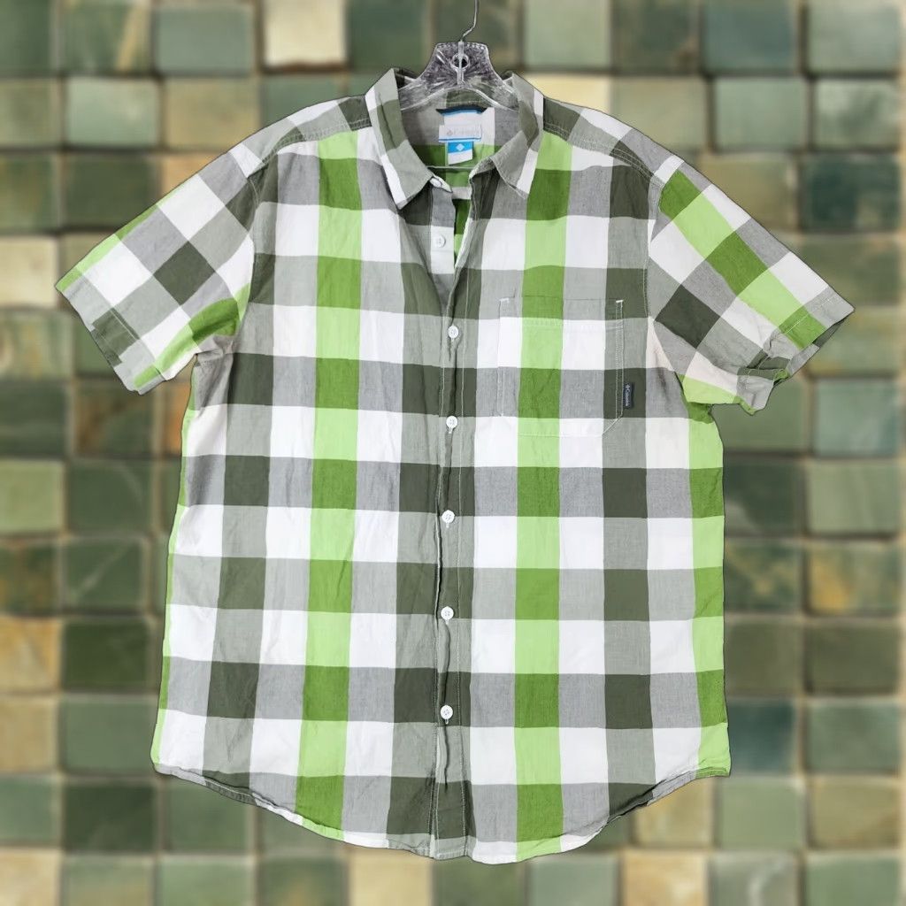 Vintage COLUMBIA Green Checkered Button-Up Shirt Adult Large Mens Short Sleeve Size US 33 - 1 Thumbnail