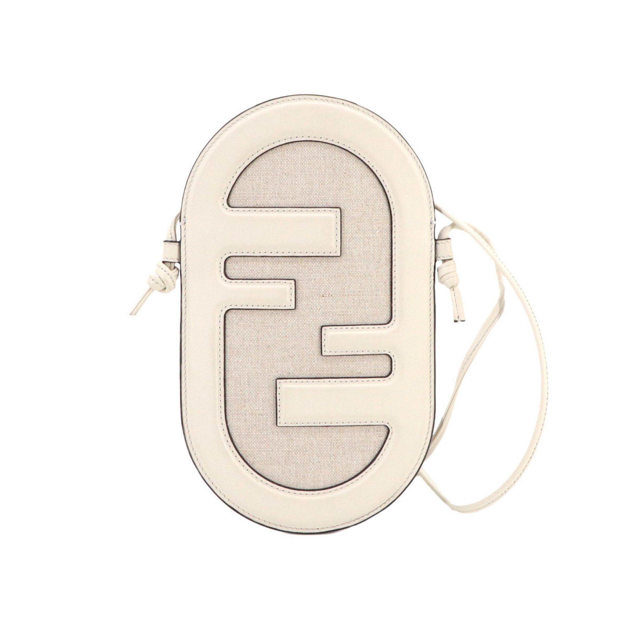 image of Fendi Orlock Phone Holder Shoulder Bag Leather Canvas Off-White 7As055 in Off White, Women's