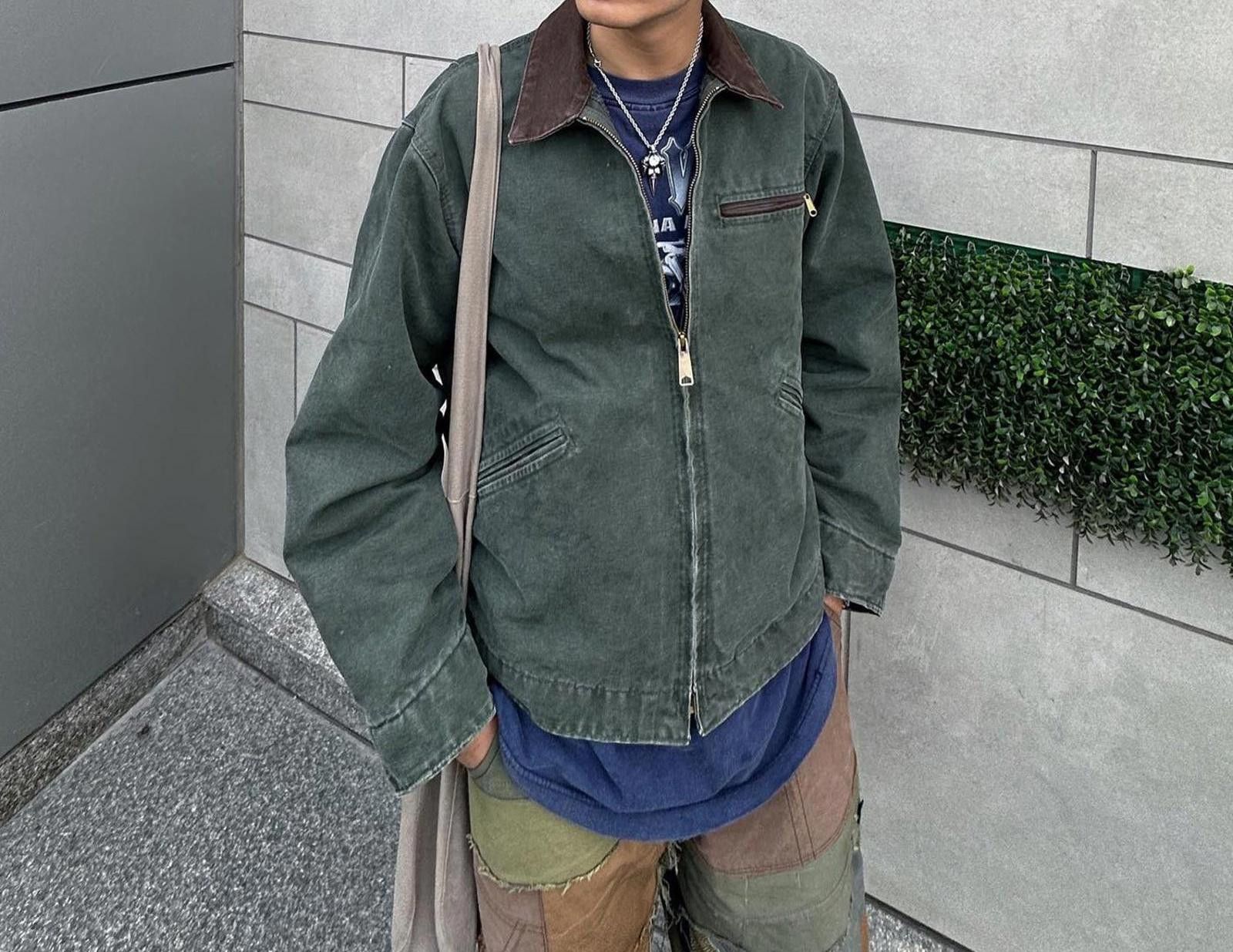 Japanese Brand Dark Green Canvas Jacket with Brown Collar, Casual Outerwear Size US M / EU 48-50 / 2 - 1 Thumbnail