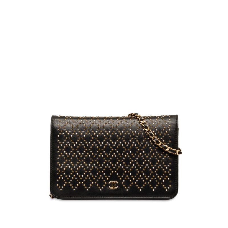 image of Chanel Studded Leather Wallet On Chain in Black, Women's