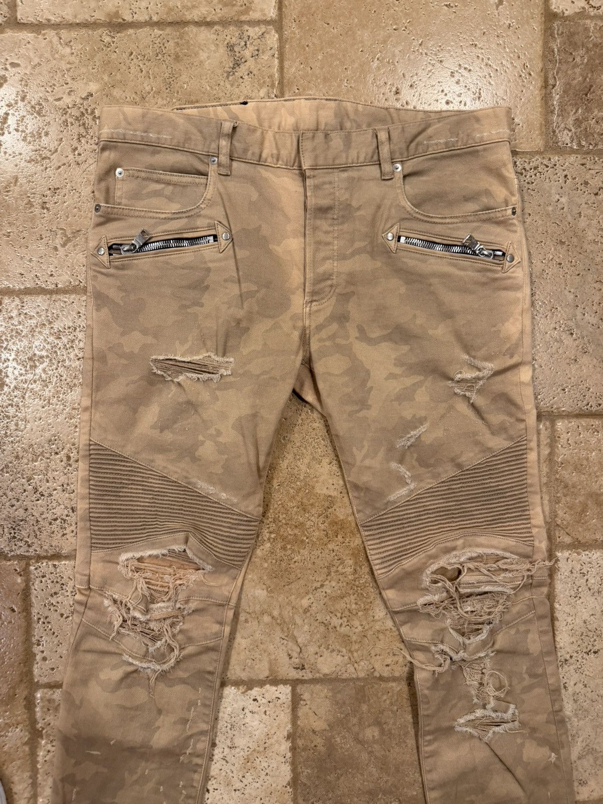 Balmain Balmain Biker Biege Desert Camo Moto Denim Pants Size US 33 - 5 Thumbnail