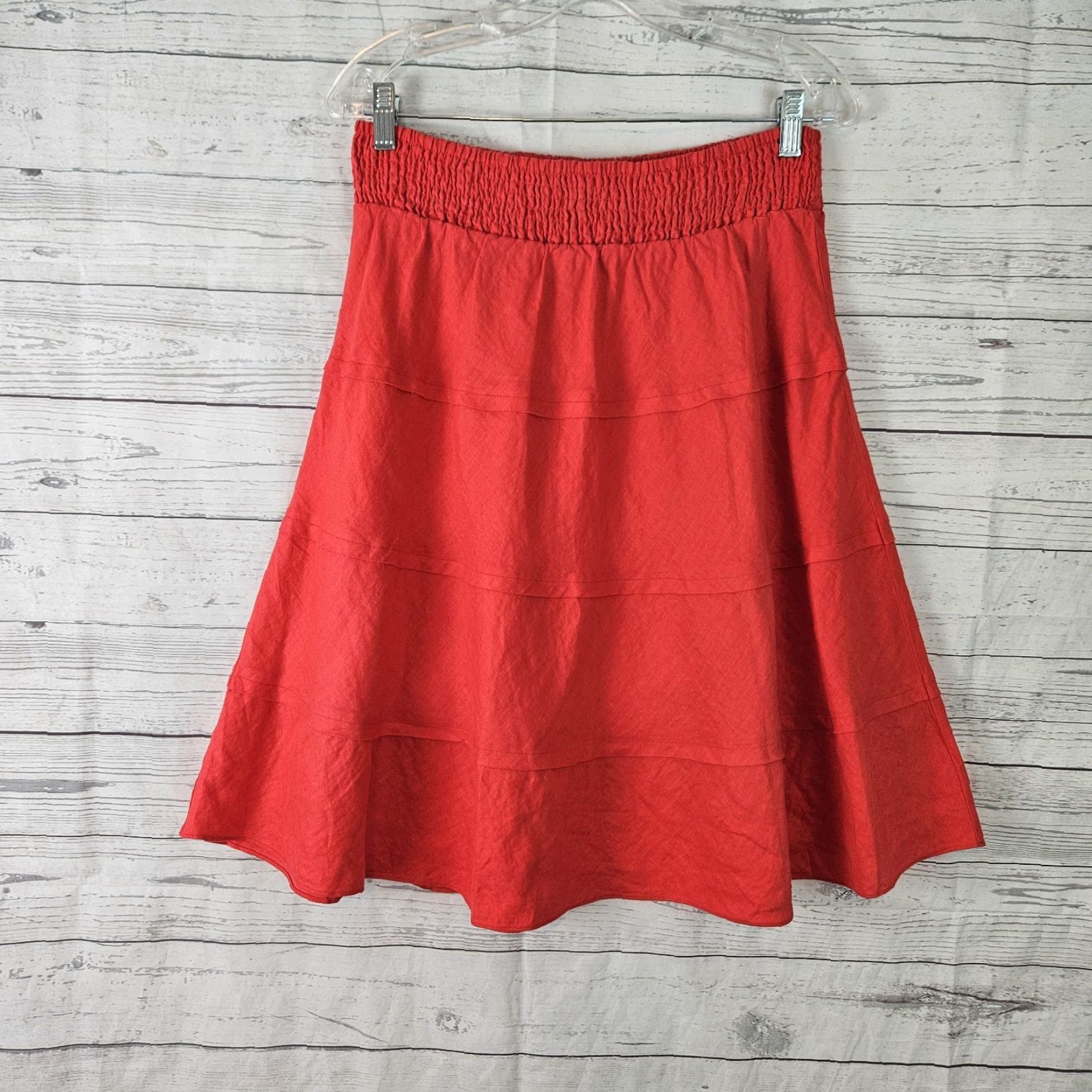 Soft Surroundings Soft Surroundings Skirt Womens A-Line Knee Length Solid Red Linen Tiered Smocked Waist Size M Size 32" / US 10 / IT 46 - 2 Thumbnail