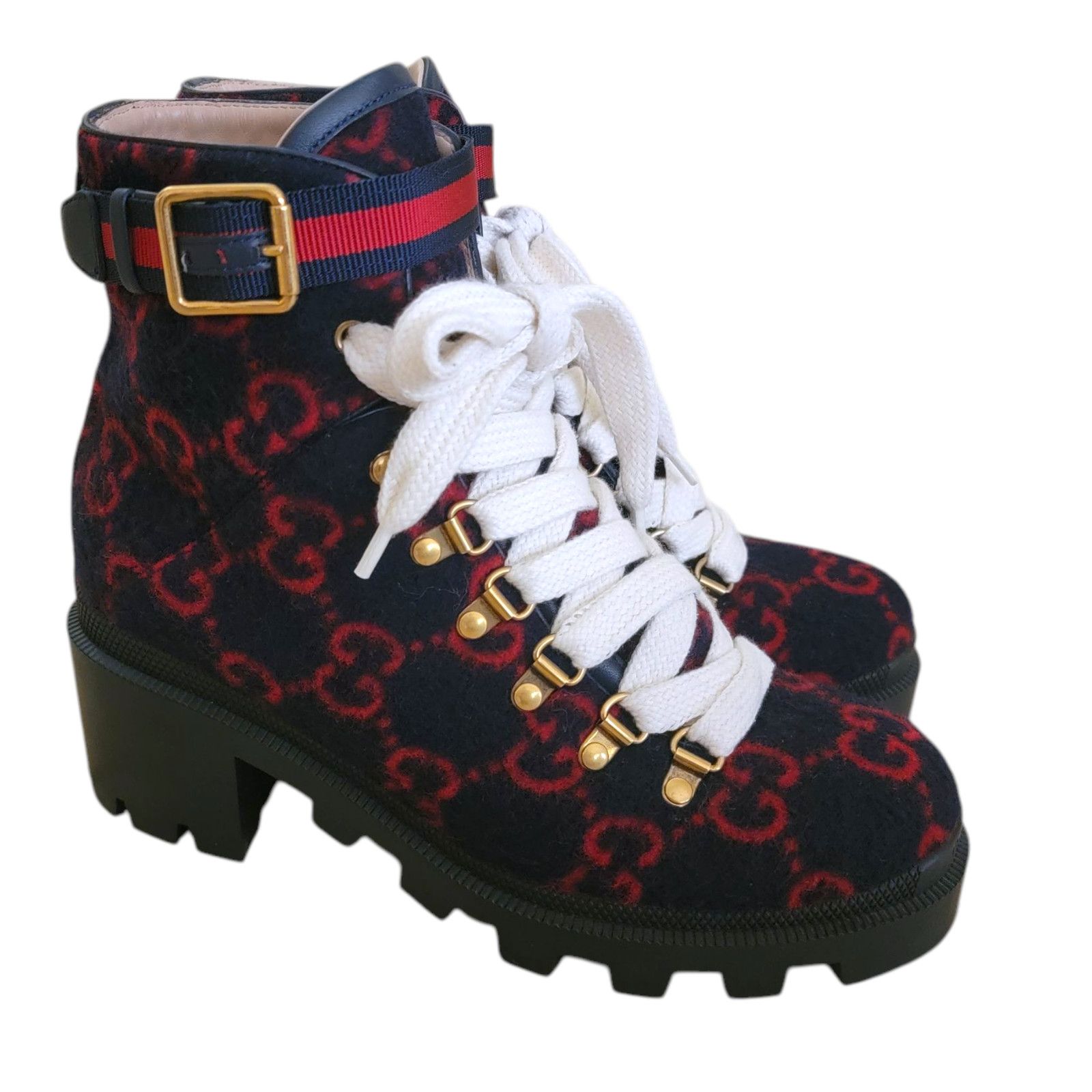 Gucci Gucci Combat Ankle GG Monogram Platform Boots Navy Red Size US 7.5 / IT 37.5 - 1 Thumbnail