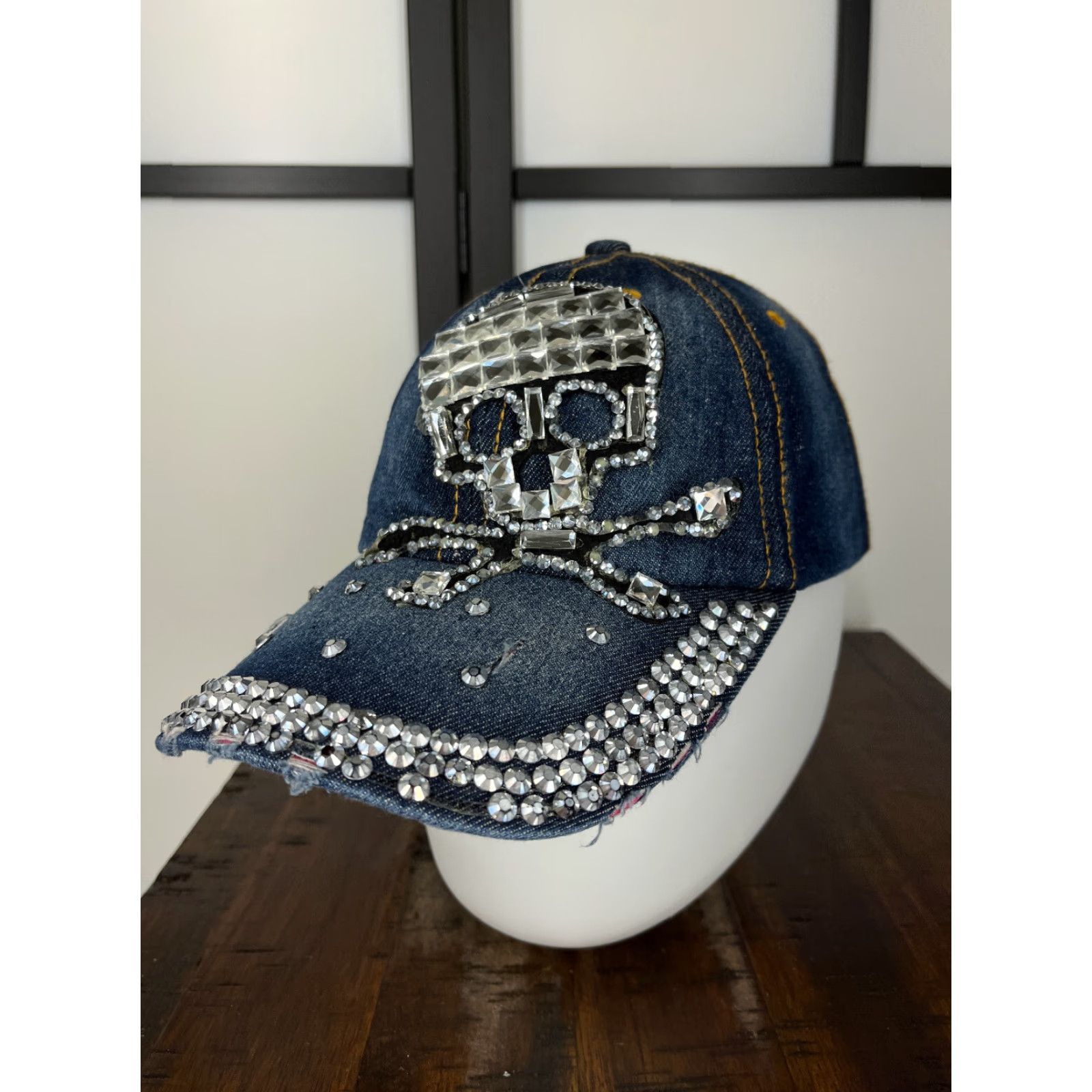 Vintage Blue Denim Skull Hat Cap Strap Back Womens One Size Cotton Twill Rhinestone Adjustable Beaded Beach Outdoor Baseball Cap Womens Hats Size ONE SIZE - 4 Thumbnail