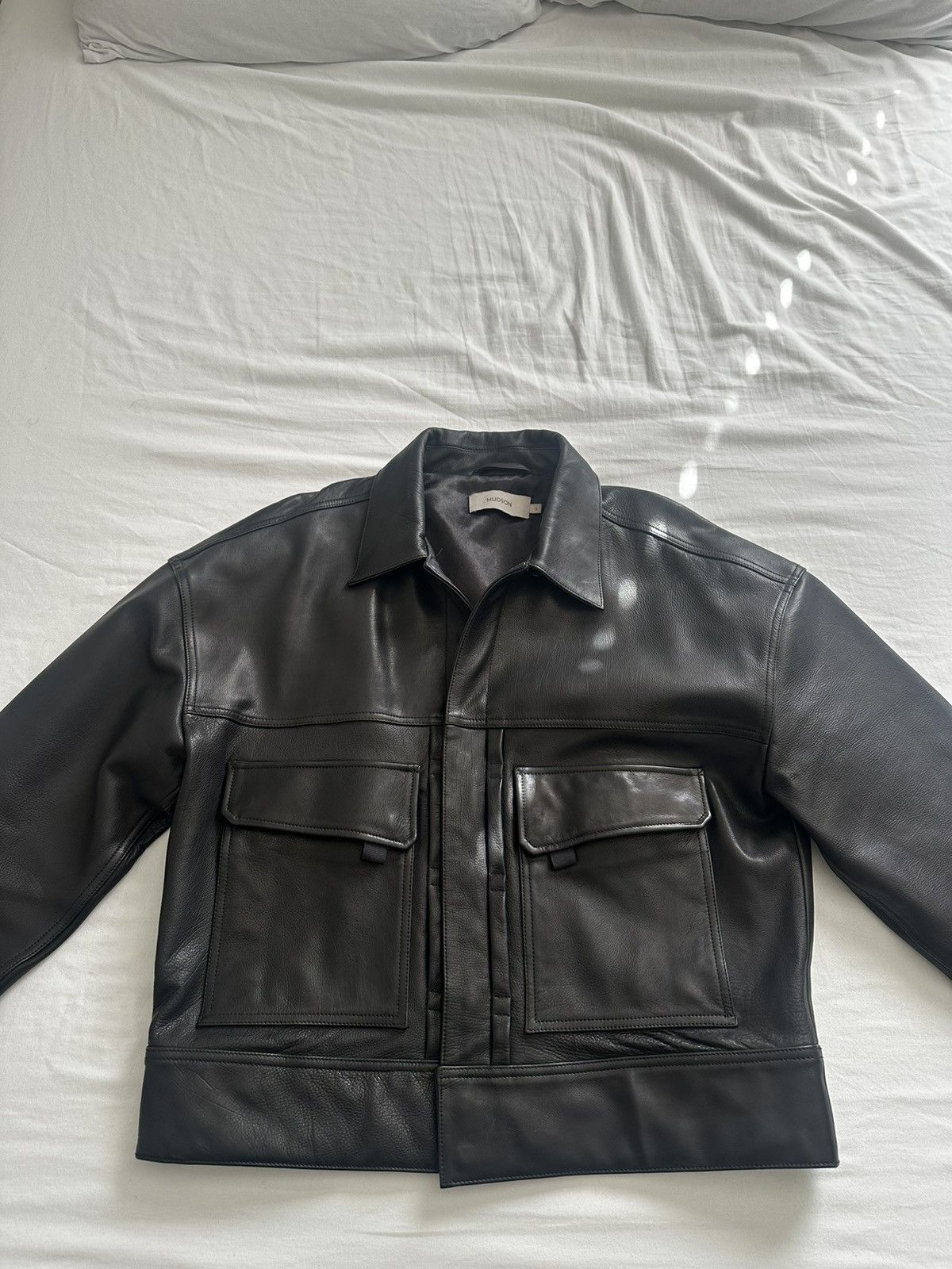 image of Hudson Leather Trucker Jacket in Black, Men's (Size Small)