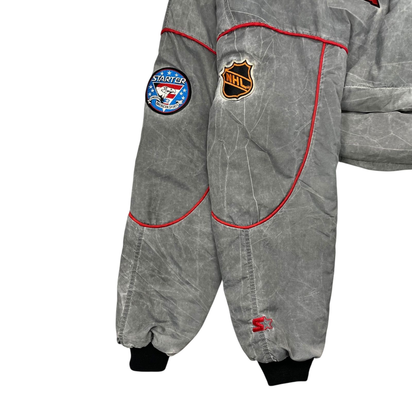 NHL × Starter × Vintage 90s CHICAGO BLACKHAWKS SATIN BOMBER JACKET STONEWASH ACID Size US L / EU 52-54 / 3 - 6 Thumbnail