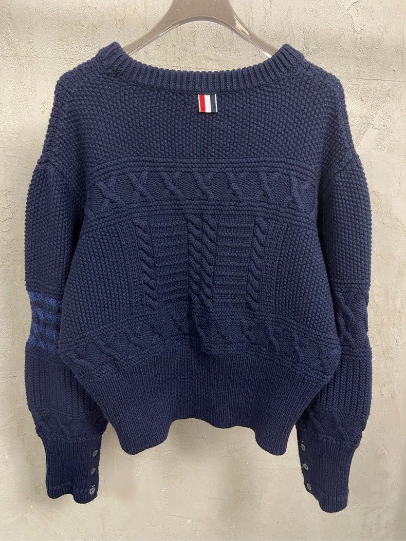 Thom Browne Thom Browne Dark blue four-striped jacquad round-neck wool Size US XL / EU 56 / 4 - 4 Thumbnail