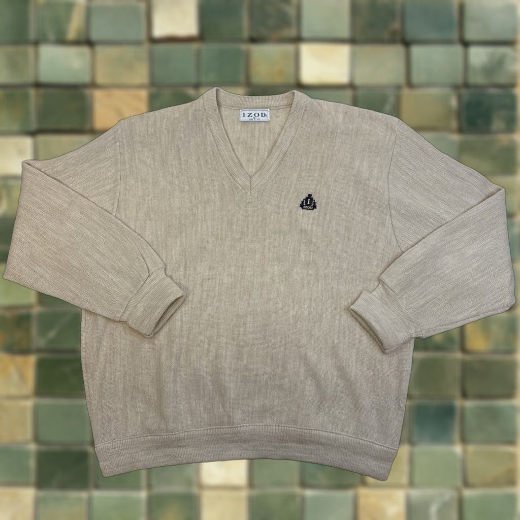 Izod VINTAGE Izod Sweater XL Beige Oatmeal V-Neck Acrylic Sweater Pullover USA 90s Mens Regular Knit Pullover Front Size US XL / EU 56 / 4 - 1 Thumbnail