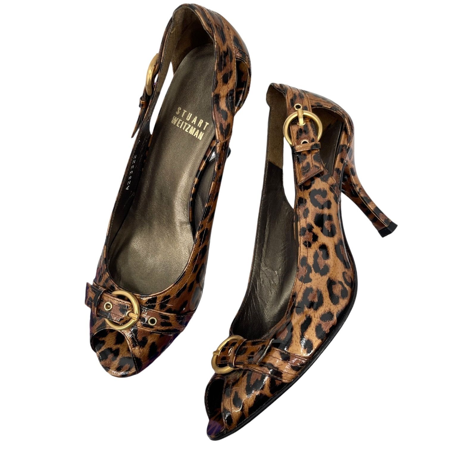 Stuart Weitzman Leopard Patent Leather Heel Shoes Buckles 7 in Brown, Women's