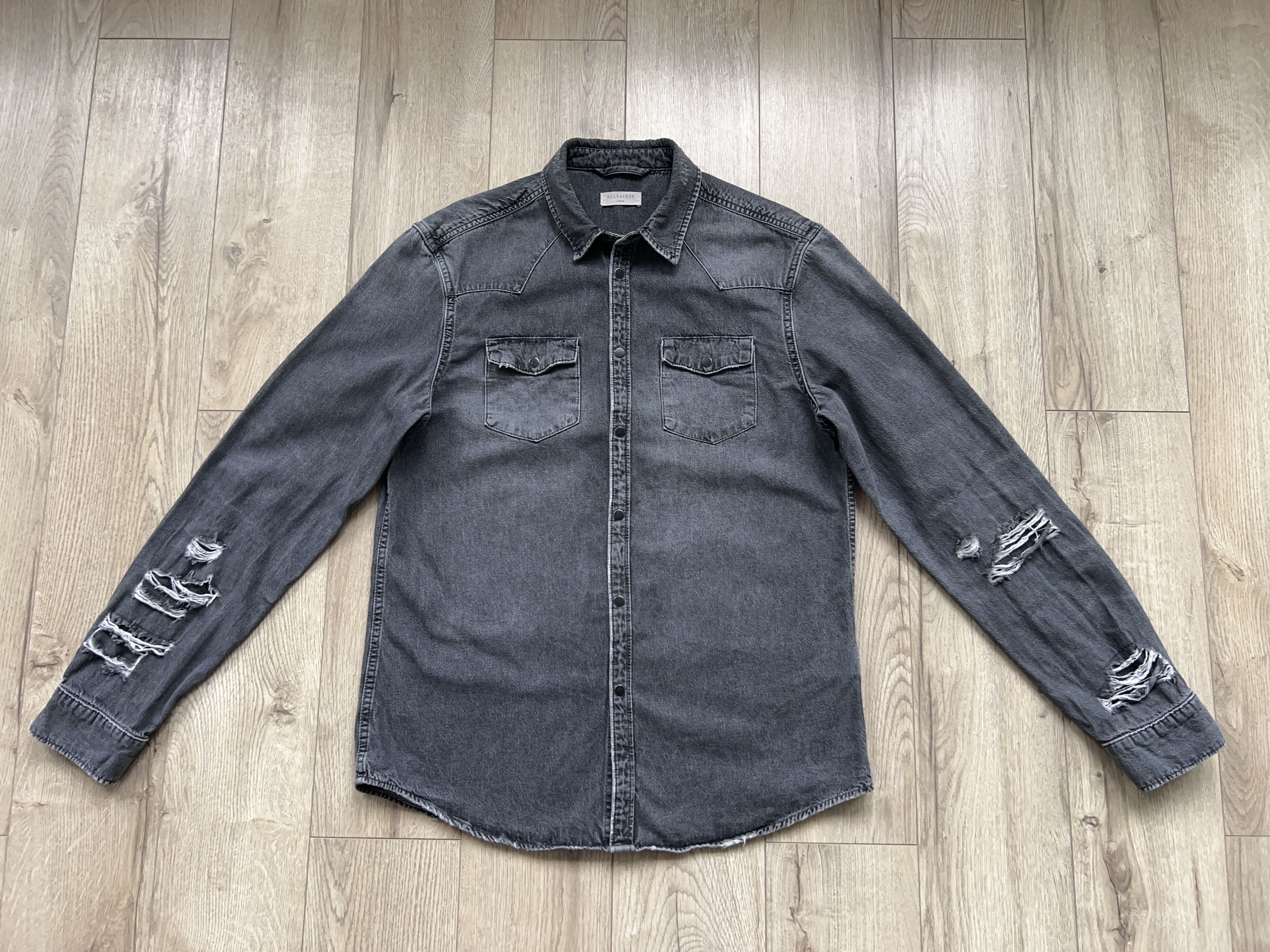 Allsaints Mens Beegan Denim Style Gray Cotton Distressed Shirt Size US L / EU 52-54 / 3 - 4 Thumbnail