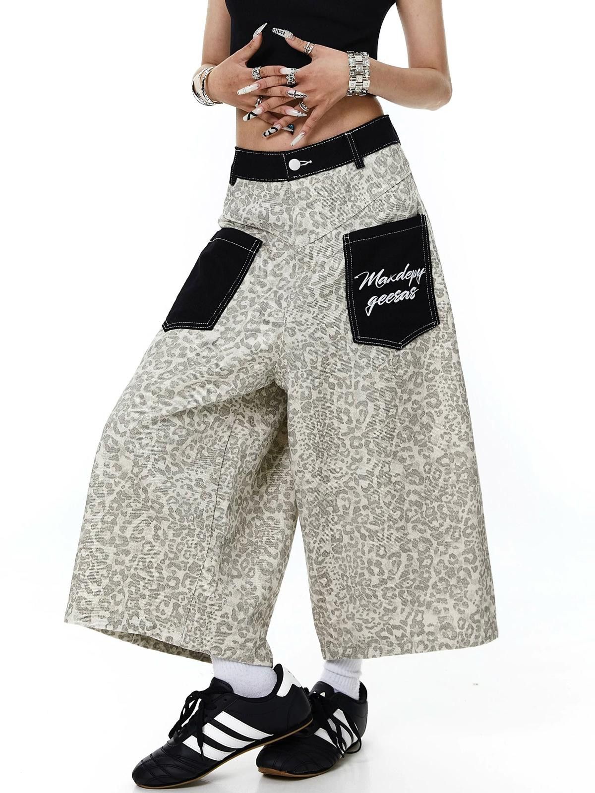 Jean Leopard-Splice Embroidered Wide-Leg Denim Jorts Size 30" / US 8 / IT 44 - 7 Thumbnail