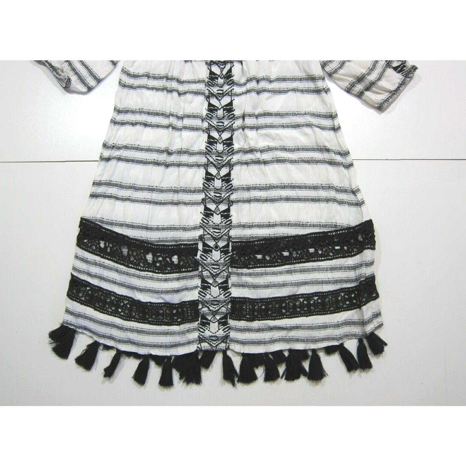 Vintage Muche Muchette 100% Rayon Black White Stripe Fringe Boho Tunic Dress Women M/L Size M / US 6-8 / IT 42-44 - 5 Thumbnail