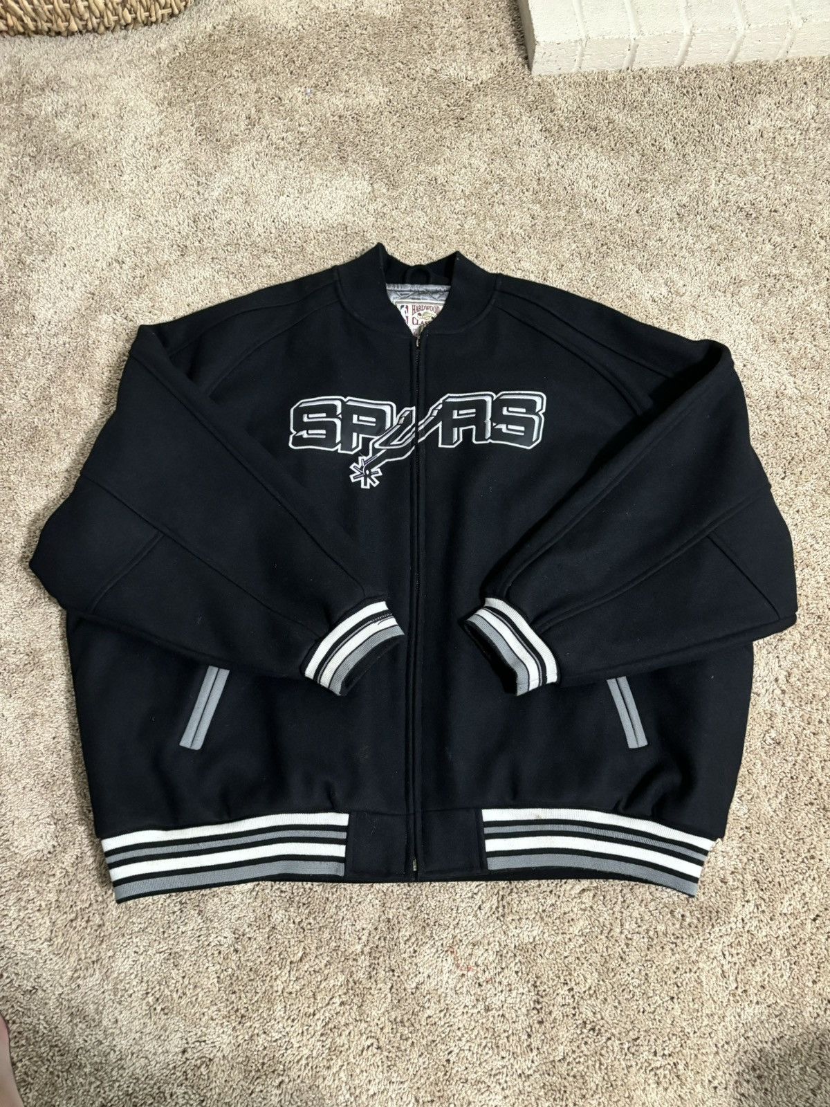 image of Mitchell Ness x NBA Mitchell And Ness Hardwood Classics Spurs Wool Varsity Jacket in Black (Size 2X