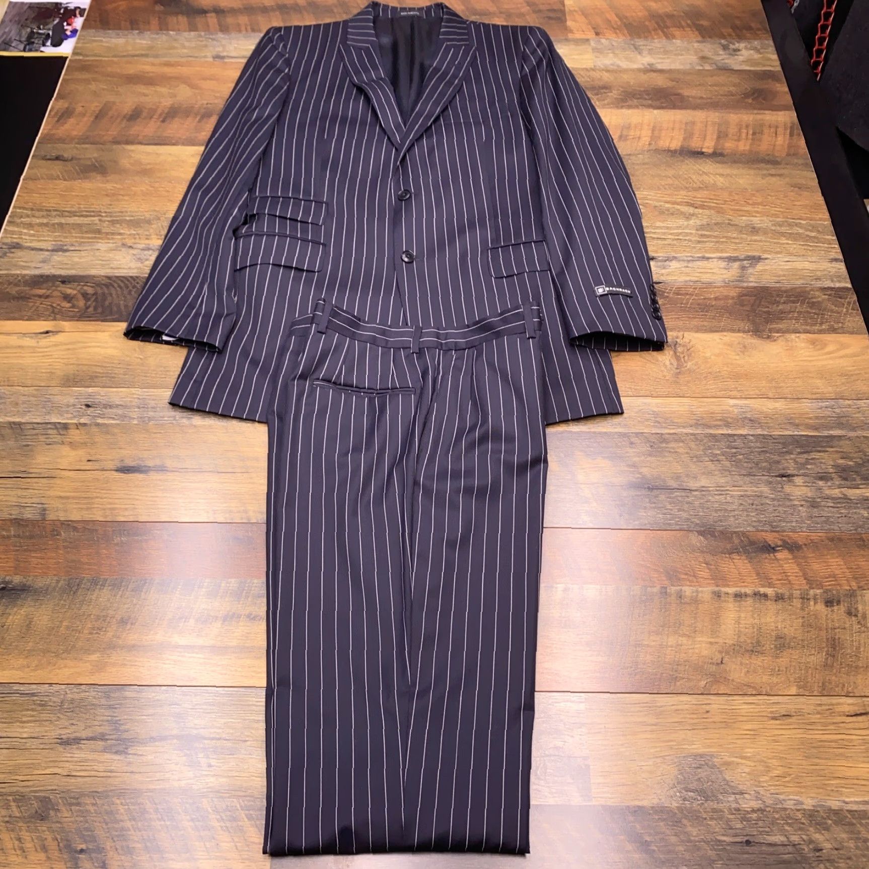 Vintage Bachrach Suit 40 Long Navy Blue Pinstripe Wool Pants 33 Waist Unhemmed New Size 40R - 2 Thumbnail