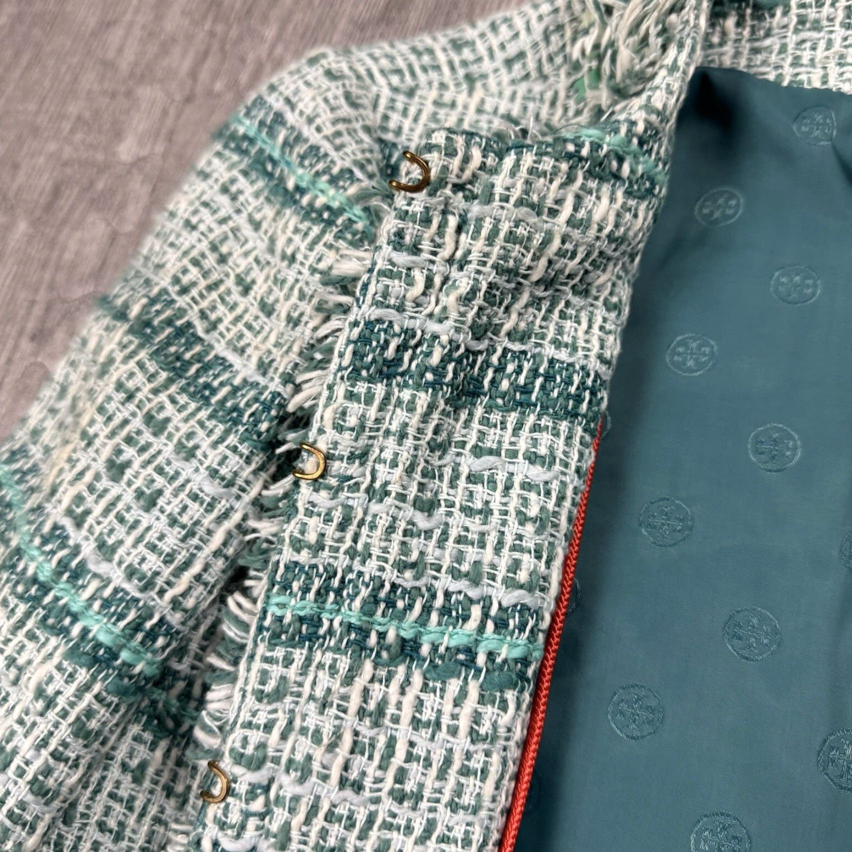 Tory Burch TORY BURCH Marion Blazer Tweed Jacket SIZE 2 Teal Sky Blue 3/4 Sleeve Classic Fit Women's Vintage No N/A Size XS / US 0-2 / IT 36-38 - 6 Thumbnail