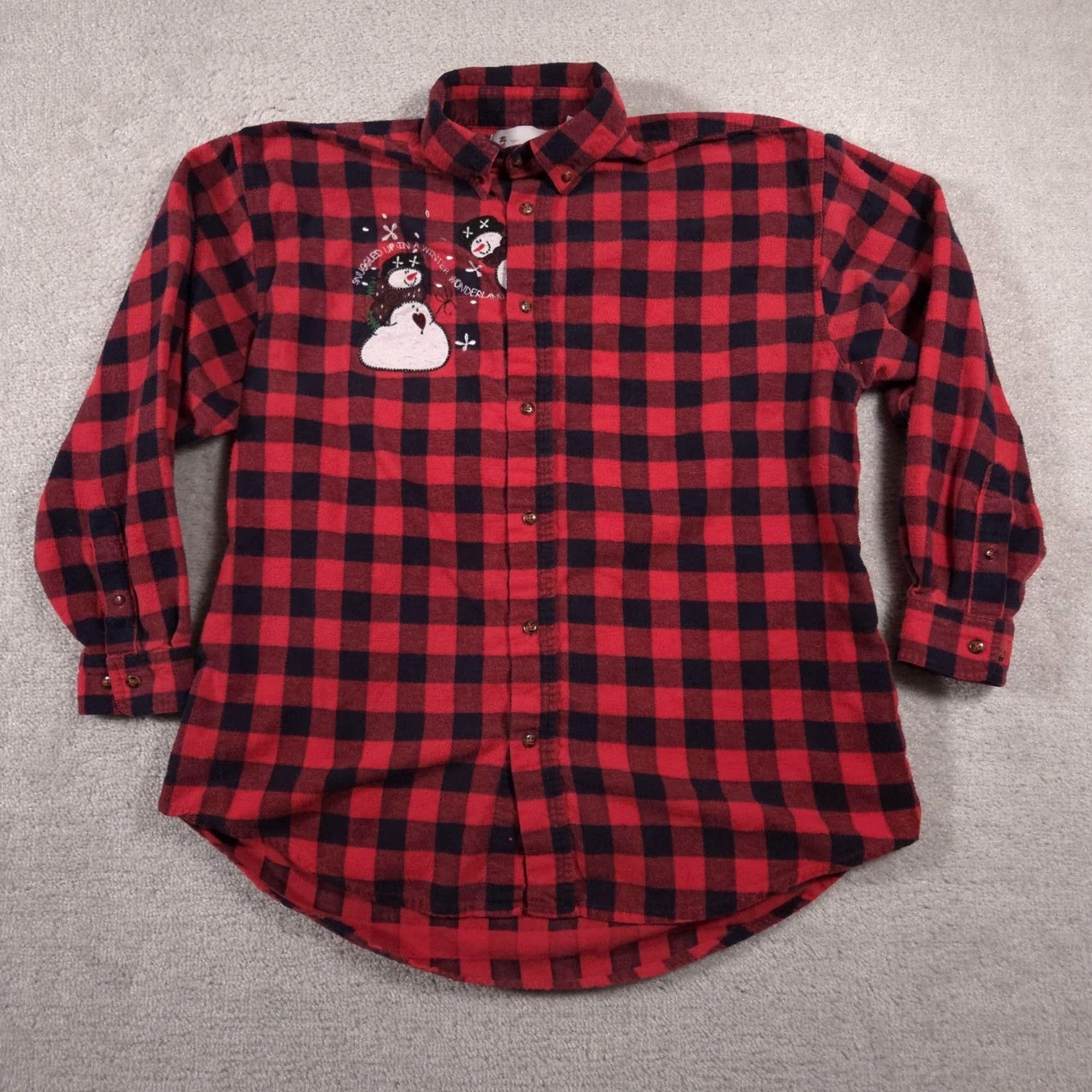 Vintage Lighthouse Apparel Shirt Womens Medium Red Plaid Flannel Snowman Embroidered Christmas Winter Button-Up Size M / US 6-8 / IT 42-44 - 2 Thumbnail