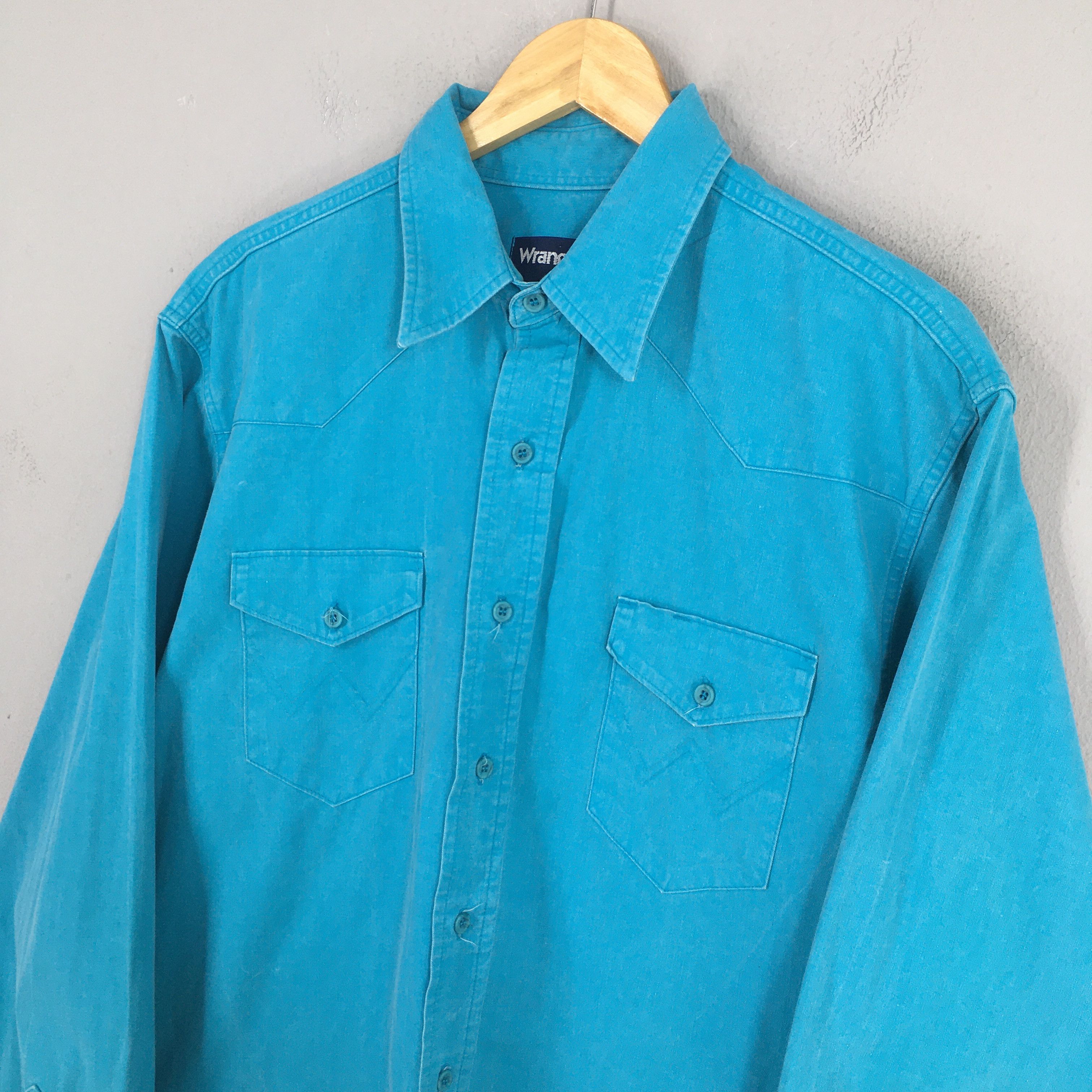 Wrangler Vintage 1980s Wrangler Green Turqoise Plain Shirt XL Size US XL / EU 56 / 4 - 3 Thumbnail