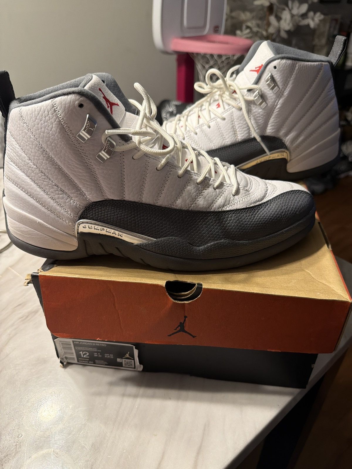 Jordan Brand Jordan 12 Retro White Dark Grey Size US 12 / EU 45 - 1 Thumbnail