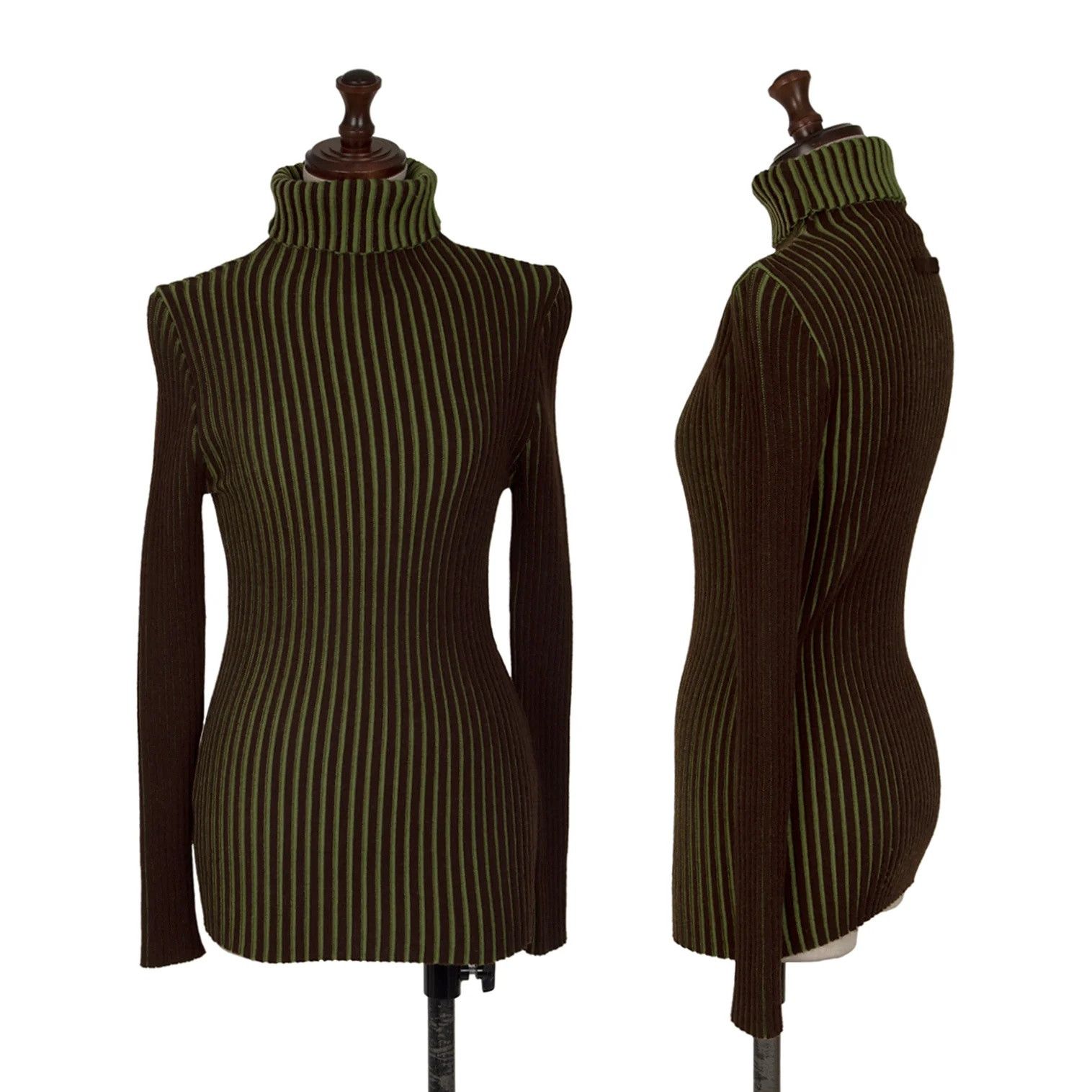 Bicolor Ribbed Turtleneck Knit Sweater In Brown Green, Men's