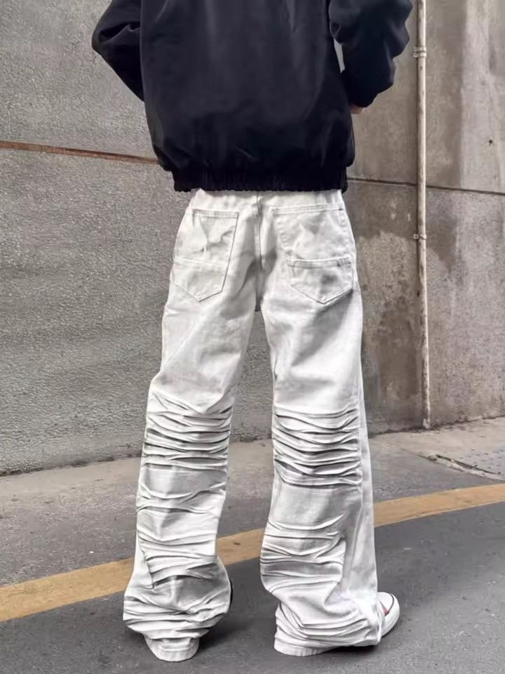 Japanese Brand Stacked Ruched Flare Denim – White Grey Wash Cargo Carpenter Size US 27 - 8 Thumbnail