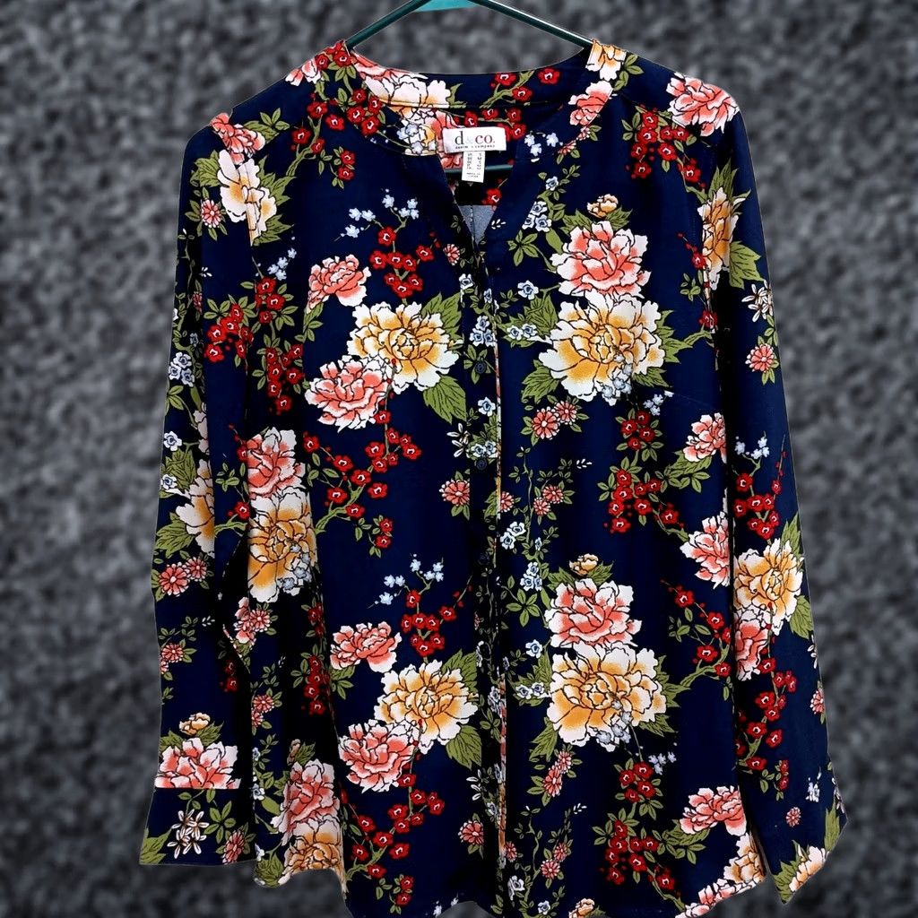 Denim & Co. Denim & Co. BOHO Blouse Top Womens S Navy Blue Floral Button Up Long Sleeve Size S / US 4 / IT 40 - 1 Thumbnail