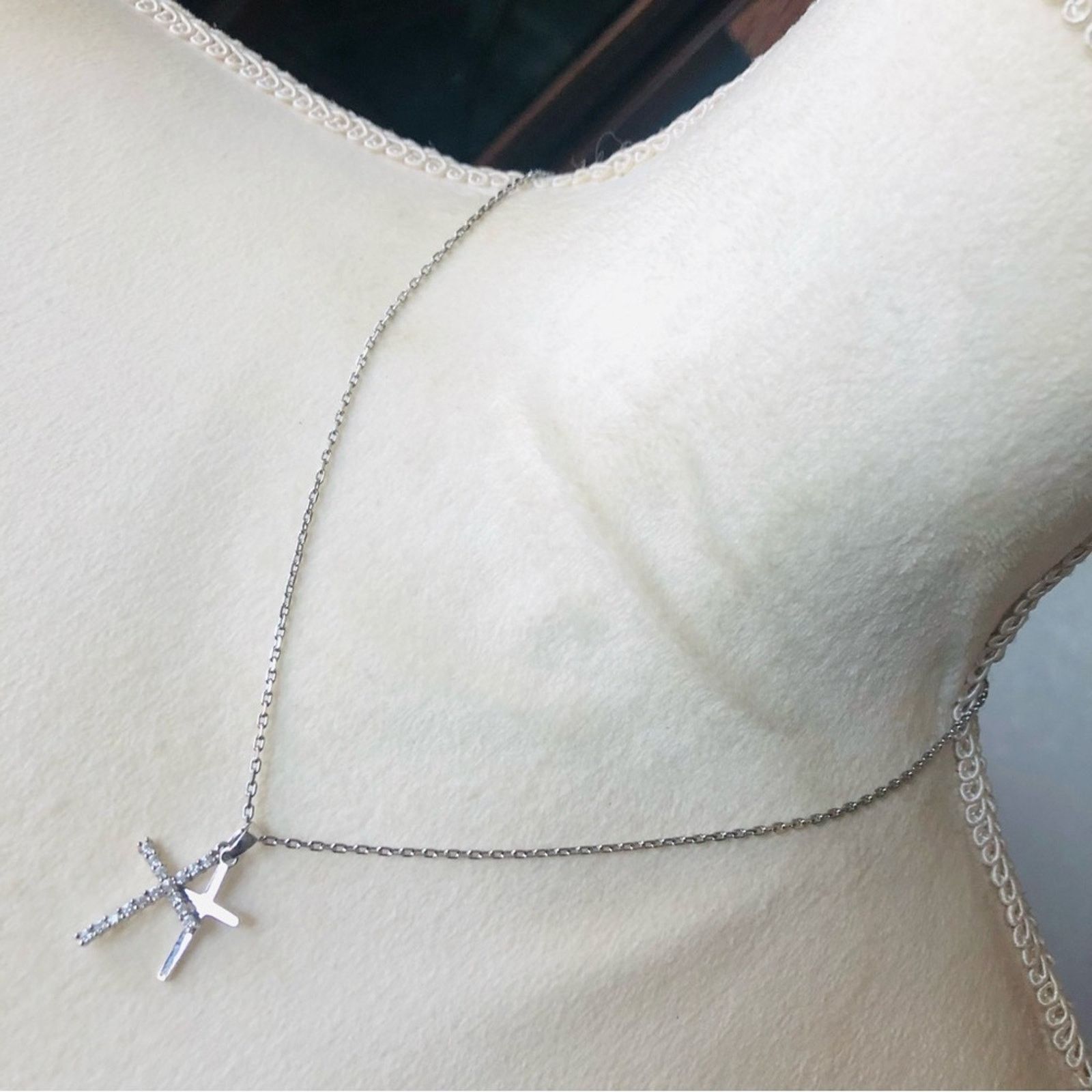 Handmade Double cross stainless steel clear cubic zirconia necklace Size ONE SIZE - 1 Thumbnail