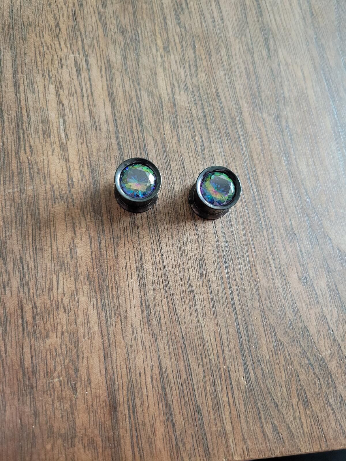 Genetic Manipulation Shinichiro Kuriya Pair of Black Steel Ear Gauges w Iridescent Gemstone Size 00 Size ONE SIZE - 2 Thumbnail