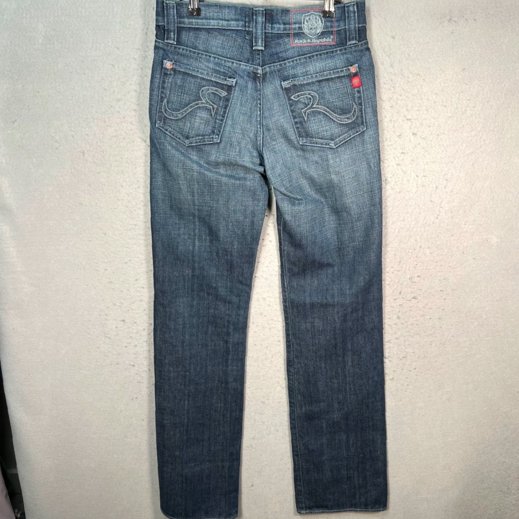 Vintage Rock & Republic Womens Size 29 Distressed Denim Jeans Straight Leg Blue Wash Size 29" - 2 Thumbnail