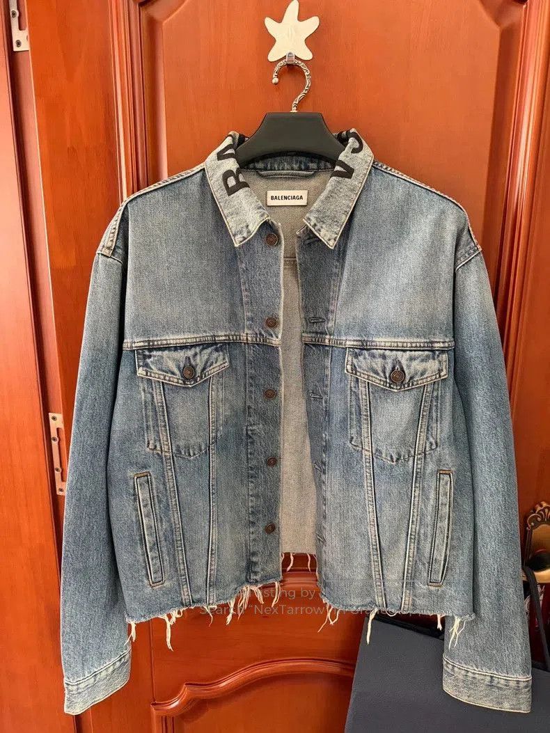 Balenciaga Collar Embroidered Logo Denim Jacket.