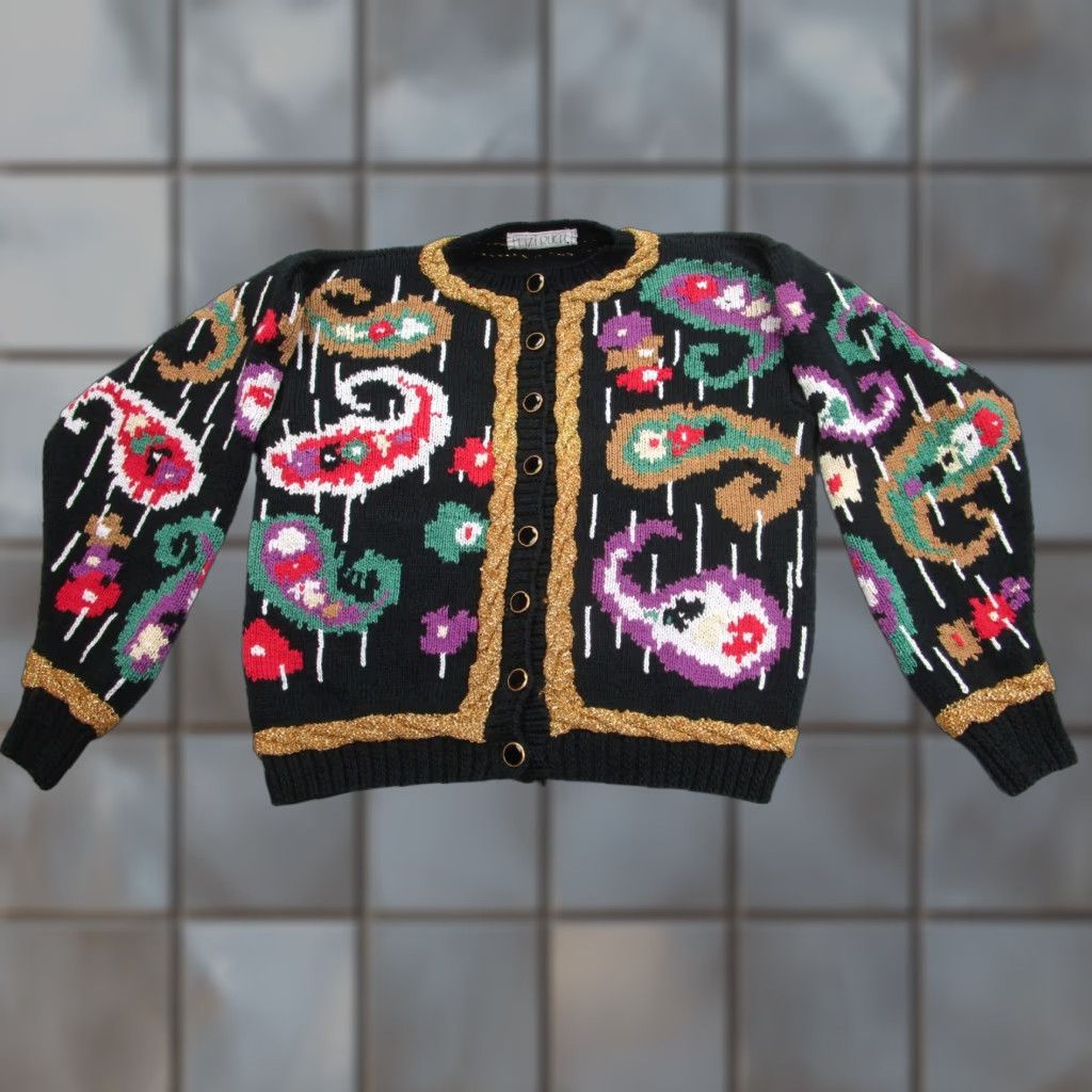Vintage VINTAGE Lizi Ruch Sweater Cardigan Womens XL Black Floral Puff Sleeve 90s Vintage Tie? Size XL / US 12-14 / IT 48-50 - 1 Thumbnail