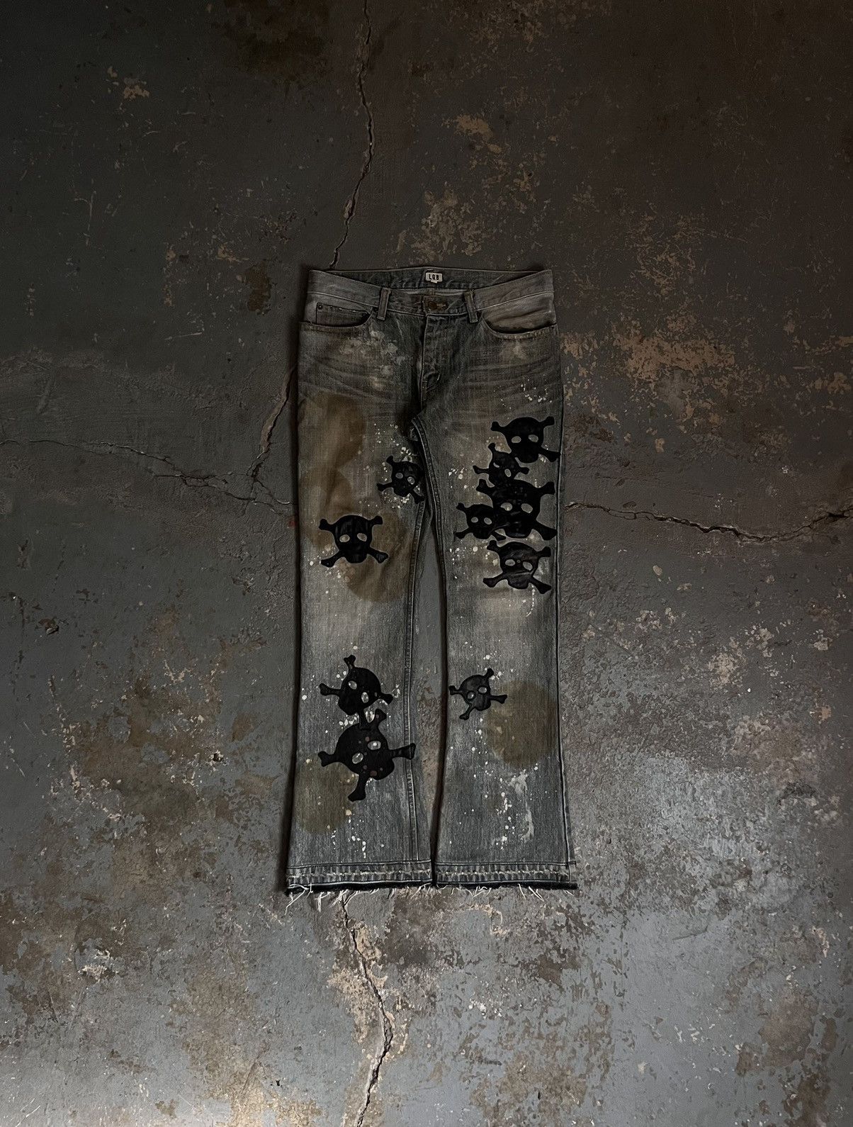 Pre-owned If Six Was Nine X Le Grande Bleu L G B Skull Patch Wolf Cut Flared Jeans In Mud