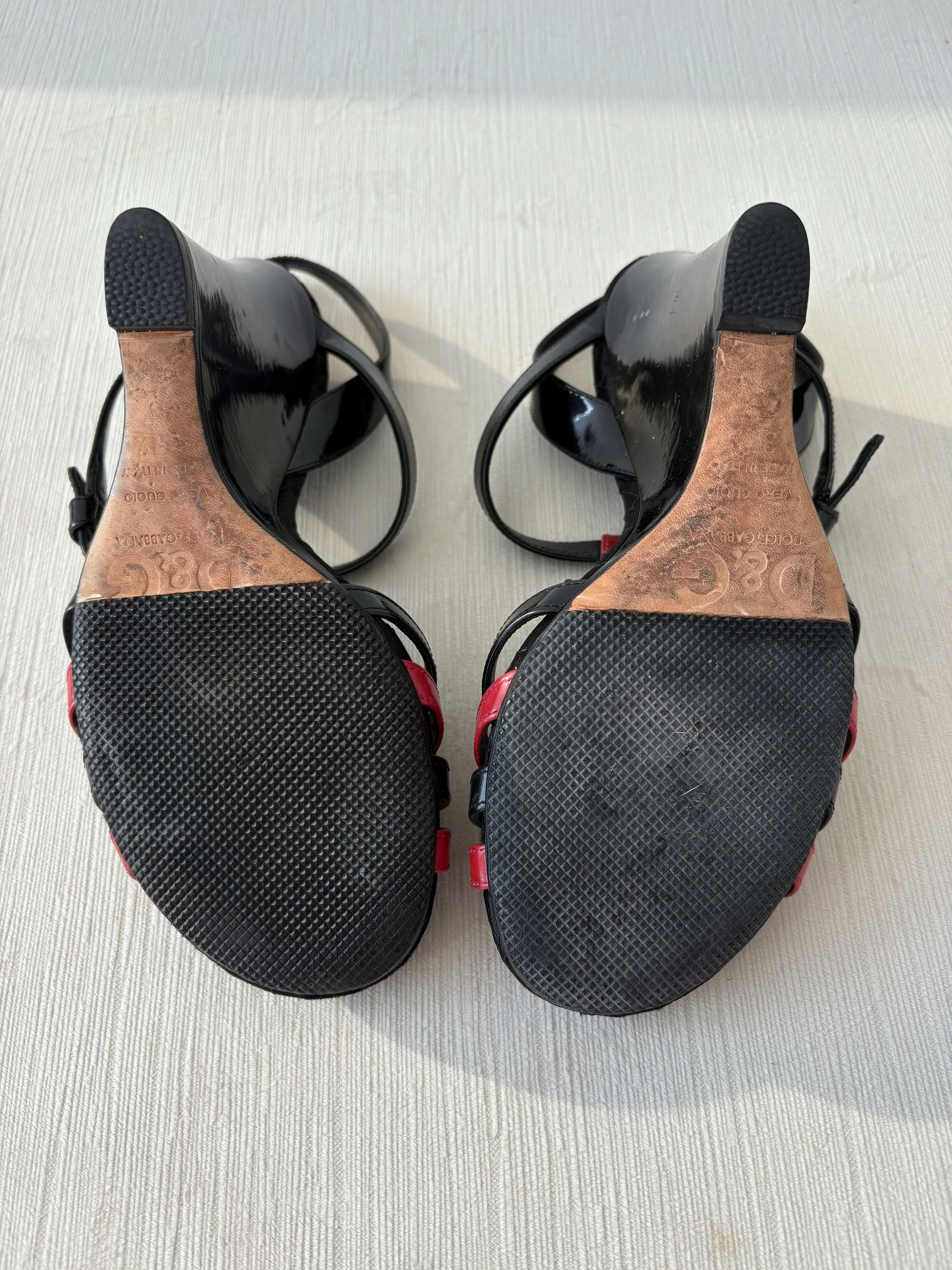Dolce & Gabbana D&G Dolce & Gabbana Red Black Patent Leather Wedge Sandals Size US 7.5 / IT 37.5 - 9 Thumbnail