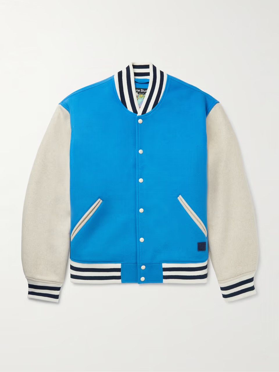 image of Acne Studios Ovan Wool-Blend Felt Varsity Jacket in Blue, Men's (Size XL)