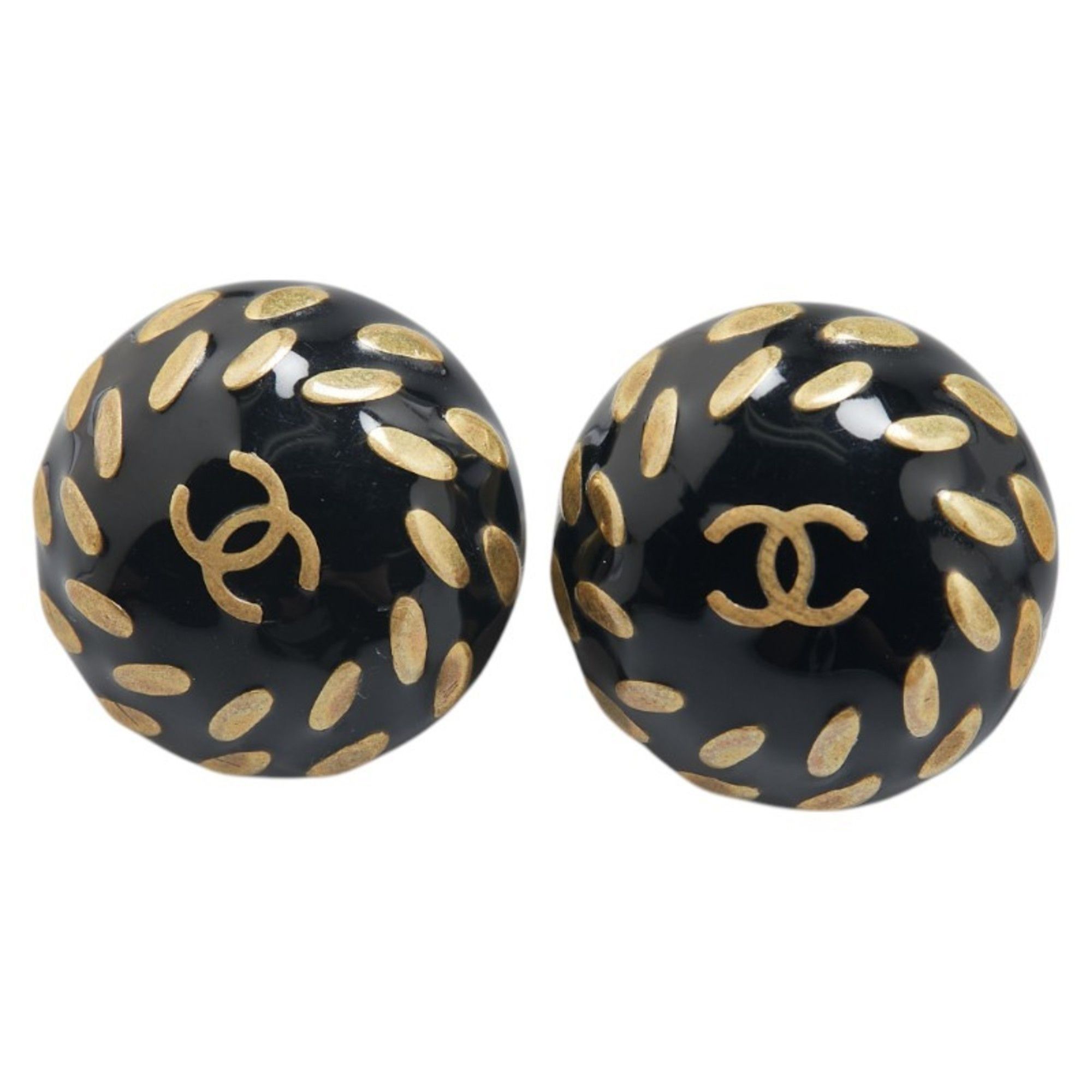 Chanel Coco Mark Earrings Black Gold Plastic Plated Women's CHANEL