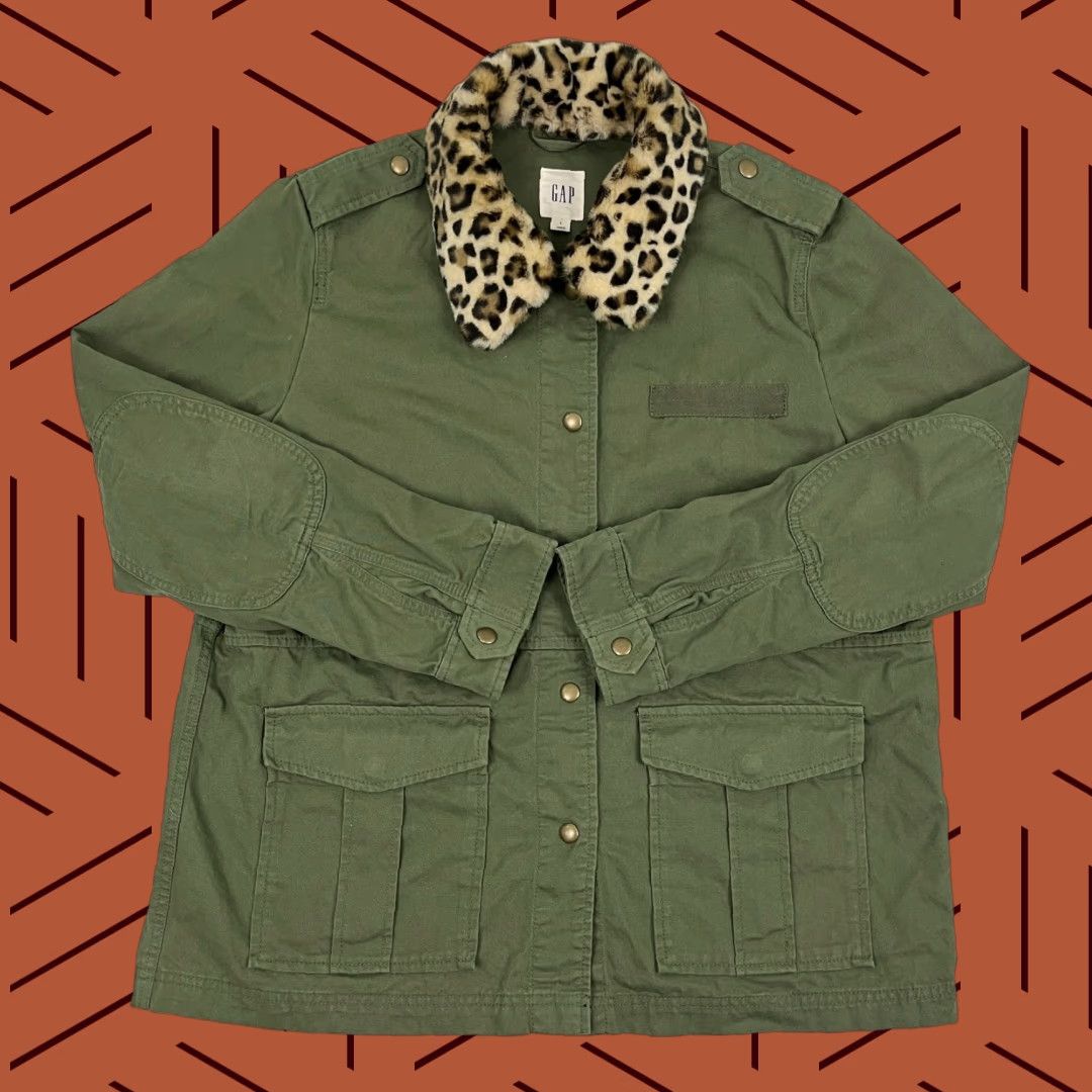 Gap GAP Jacket Womens L Green Army Military Faux Cheetah Trim Collar Utility Epaulet Jacket Size L / US 10 / IT 46 - 1 Thumbnail