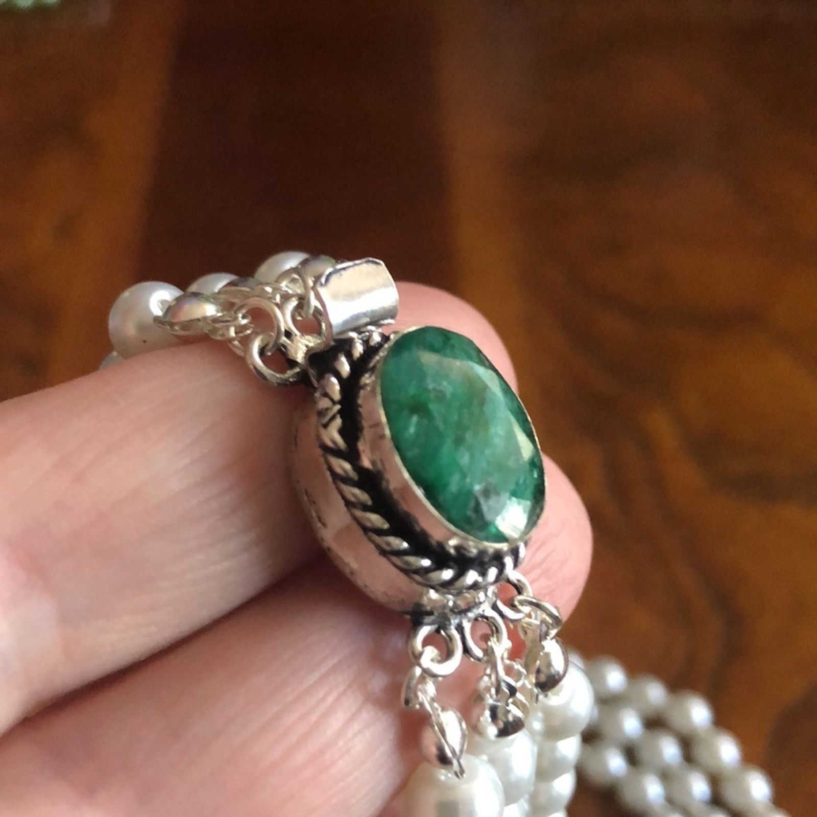 Handmade Handcrafted triple strand Pearl genuine emerald necklac Size ONE SIZE - 10 Thumbnail