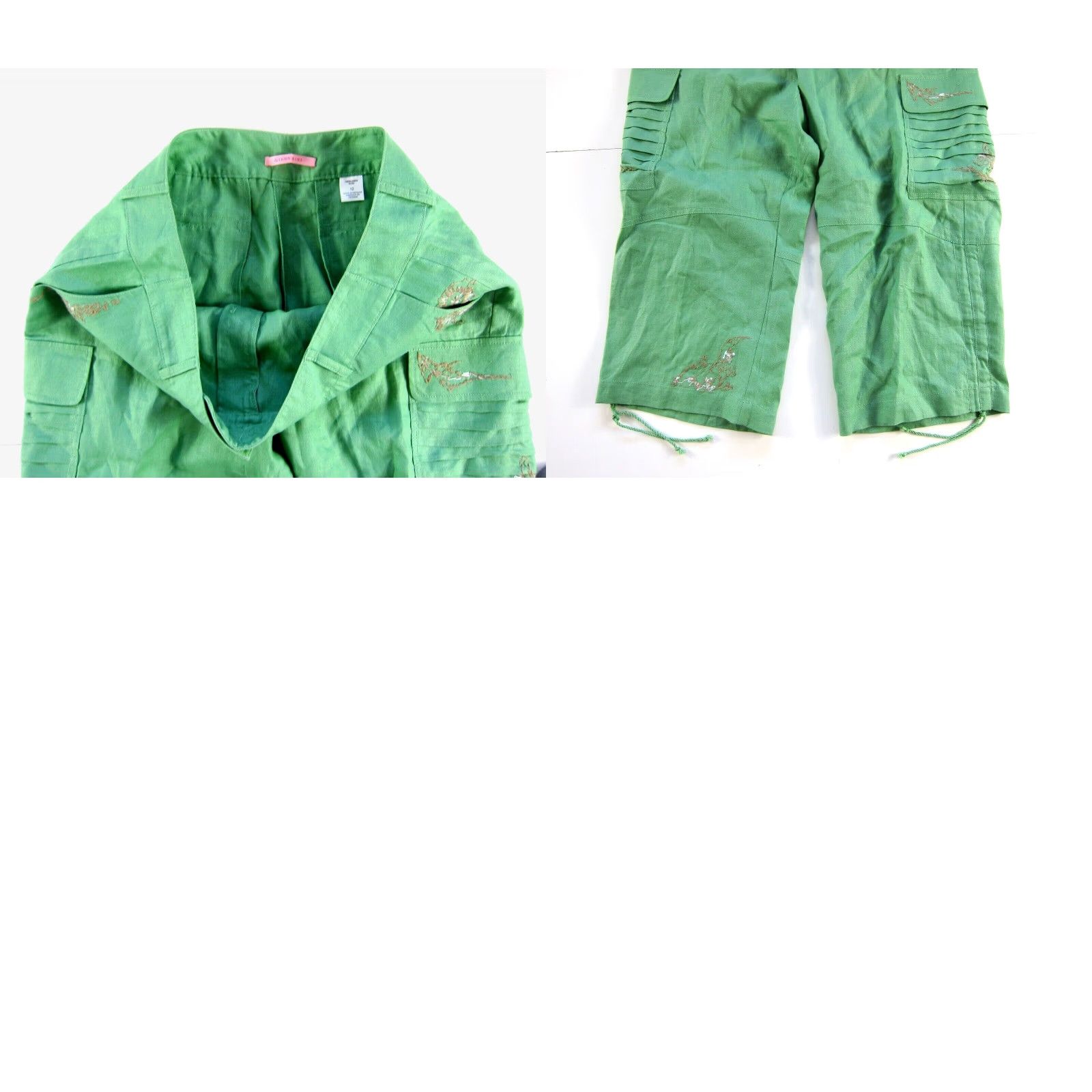 Vintage Gianni Binni 100% Linen Green Embroidered Pocket Cargo Wide Leg Capri Pant 12 Size 34" / US 12 / IT 48 - 8 Thumbnail