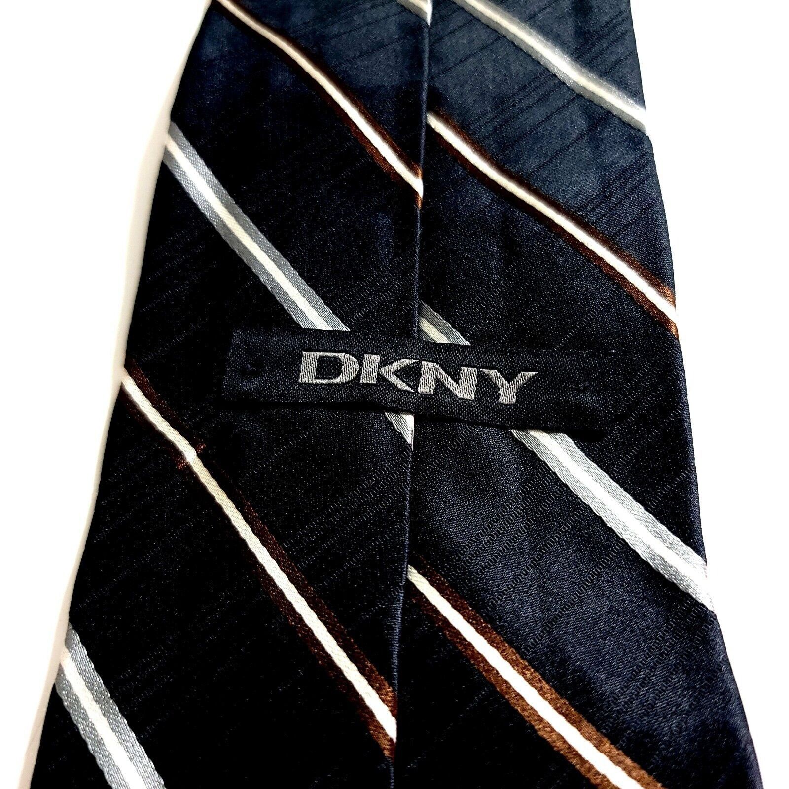 DKNY Dkny Metallic Black W/ Silver Brown Striped Woven Silk Tie Size ONE SIZE - 3 Thumbnail