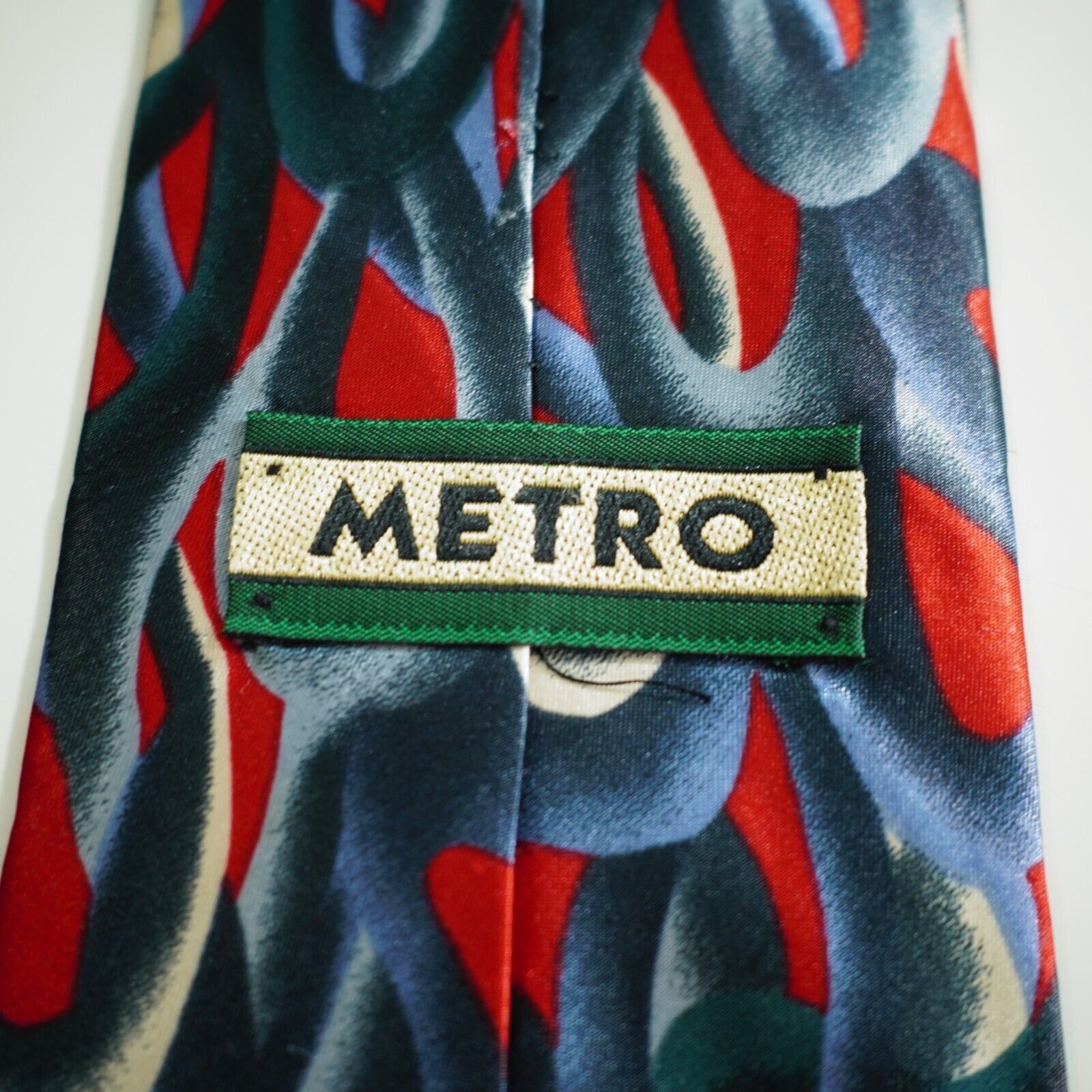 Designer Metro Red Blue Green Metallic Abstract Print Wide Silk Tie Size ONE SIZE - 3 Thumbnail