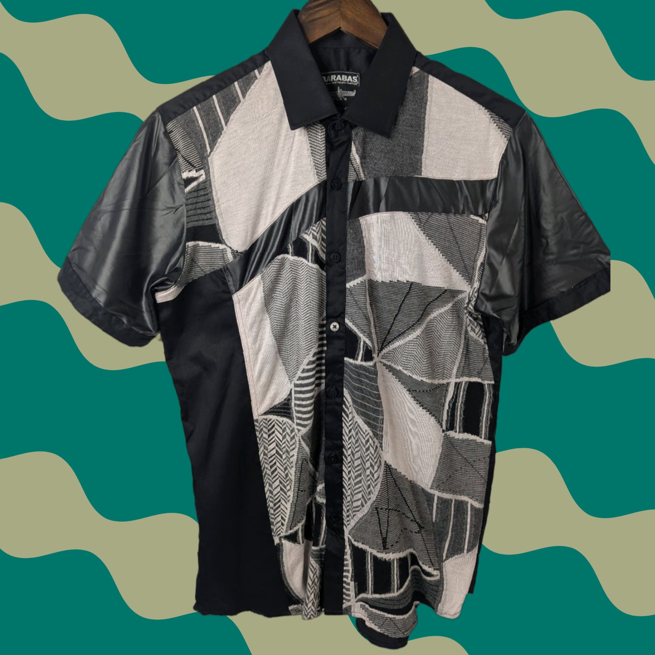 Vintage Barabas Barabas Black Geometric Abstract Faux Short Sleeve Button Shirt Men S Button-Up Collar-Down Cotton Size US S / EU 44-46 / 1 - 1 Thumbnail