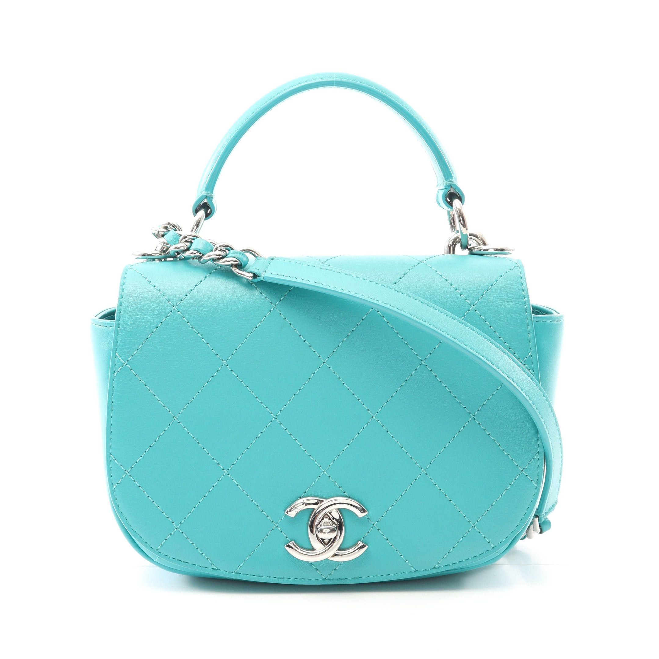 Chanel Matelasse Top Handle Chain Shoulder Bag Leather Emerald Green Silver Hardware, Women's
