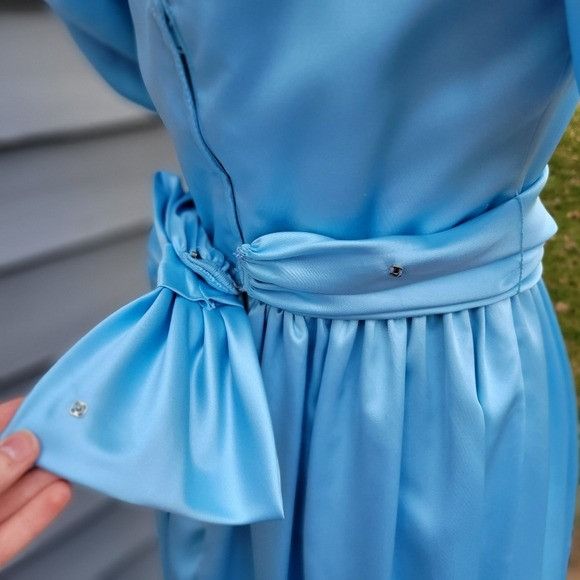 Vintage Vintage 80s Retro Pin Up Girl Blue Satin Puffed Sleeves Maxi Size S / US 4 / IT 40 - 7 Thumbnail