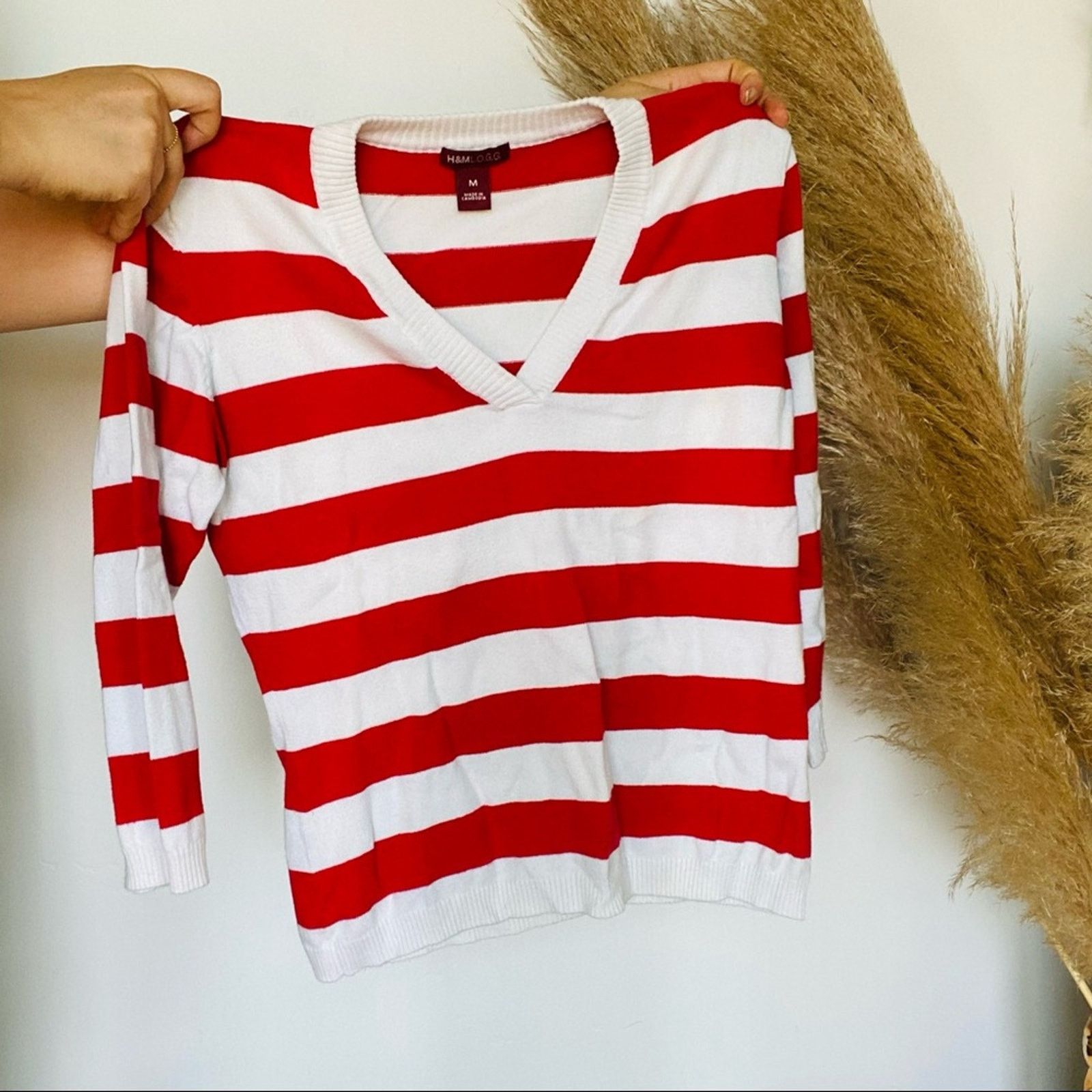 Vintage VINTAGE H&M Red White VNeck Striped Cropped Pullover Sweater Size M / US 6-8 / IT 42-44 - 4 Thumbnail