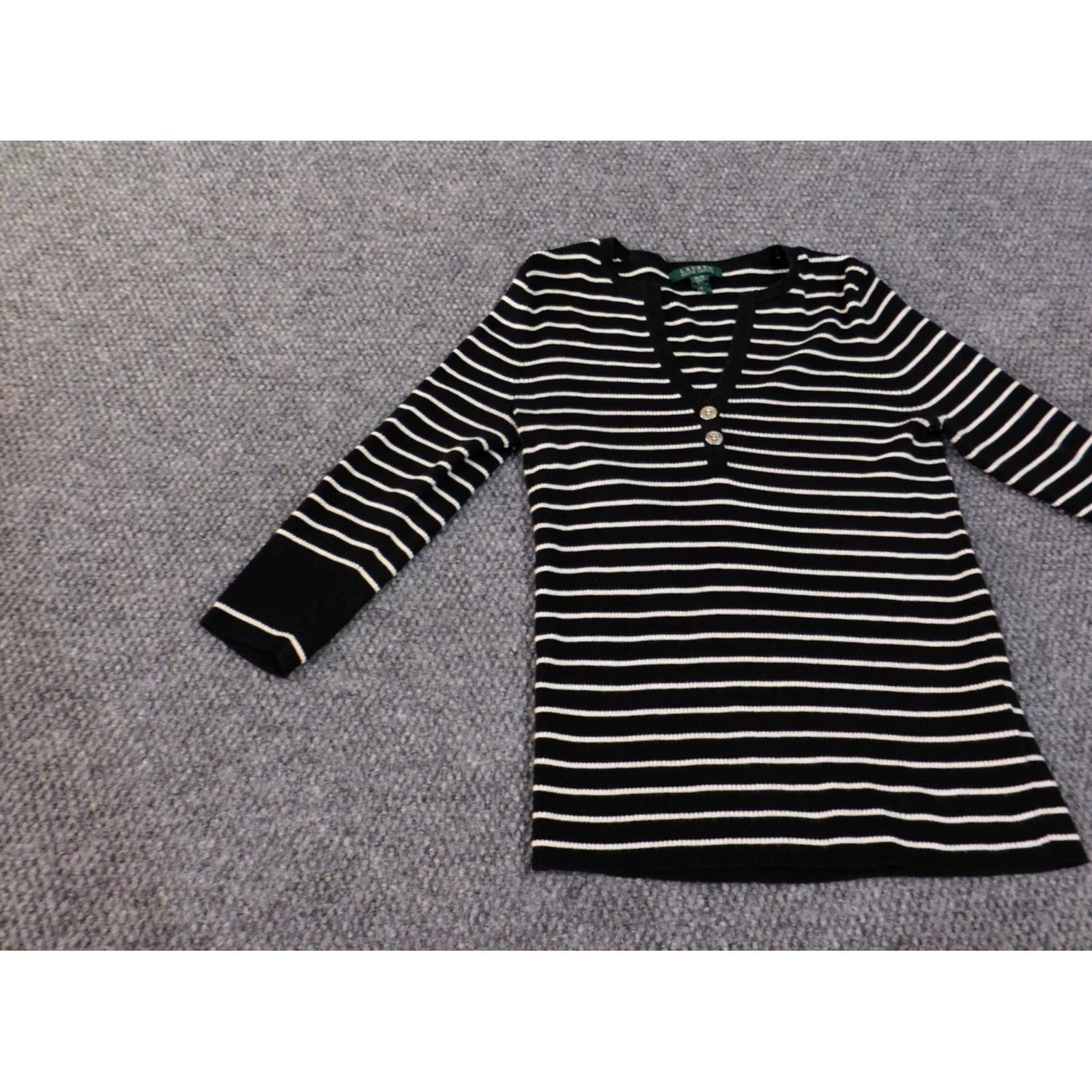 Ralph Lauren Lauren Ralph Lauren Sweater Women Medium V-Neck Striped Knit Black Button Logo Pullover Ballet Size M / US 6-8 / IT 42-44 - 3 Thumbnail