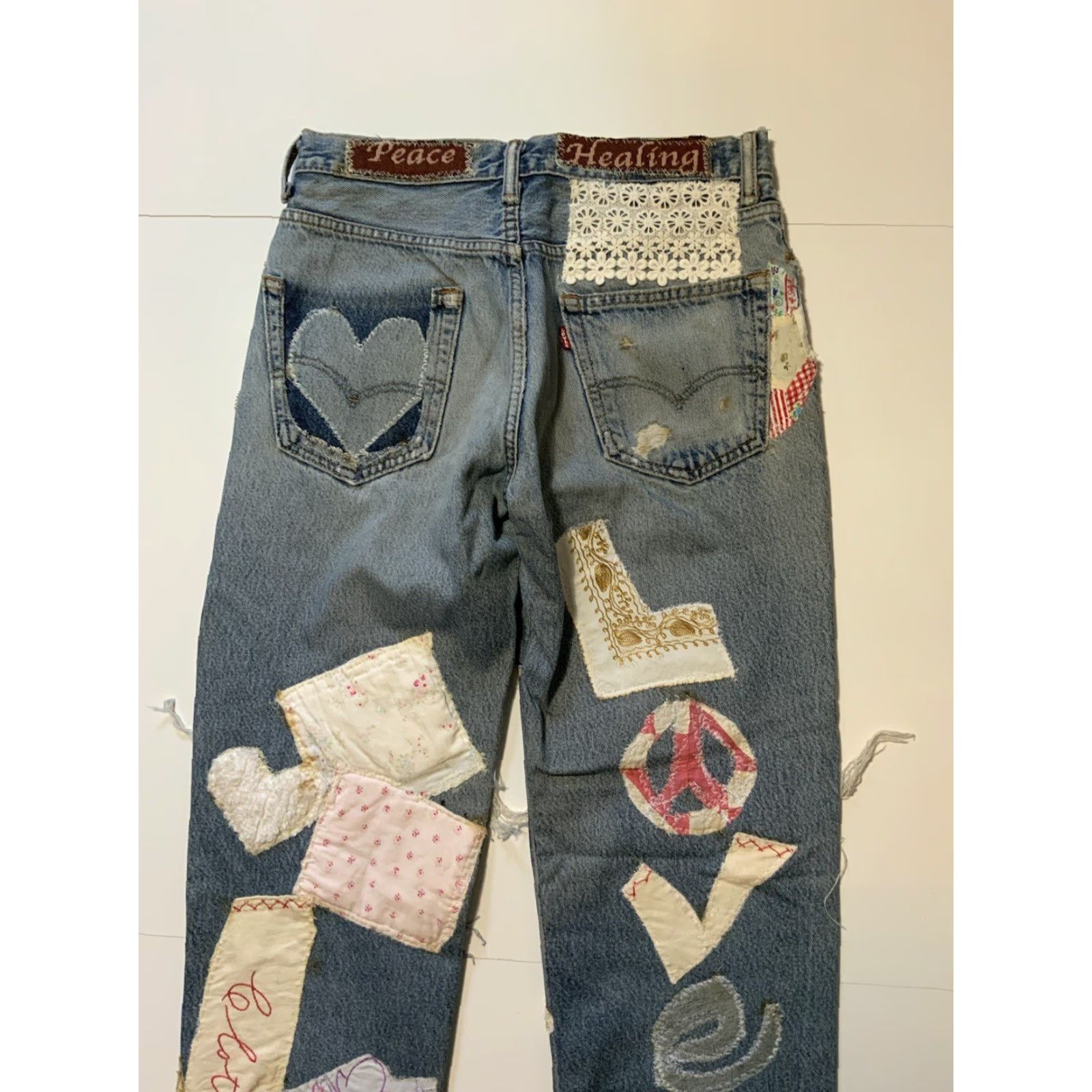 VINTAGE Levis Patchwork Peace Love Butterfly Cherub OOAK Rework 1/1 Denim Jeans - Levi's Jeans, Patchwork, 32x32, Blue, Button Fly, Classic Fit, Mens