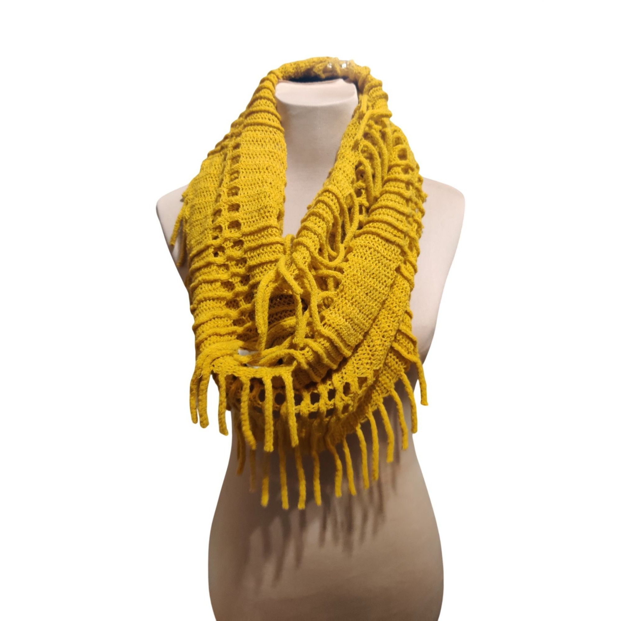 Other Anna & Ava Mustard Yellow Crochet Fringe Infinity Scarf Open Size ONE SIZE - 9 Thumbnail