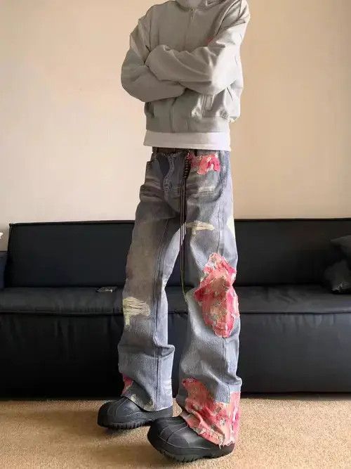 Jean High street printed patchwork retro flared baggy jeans Size US 34 / EU 50 - 1 Thumbnail
