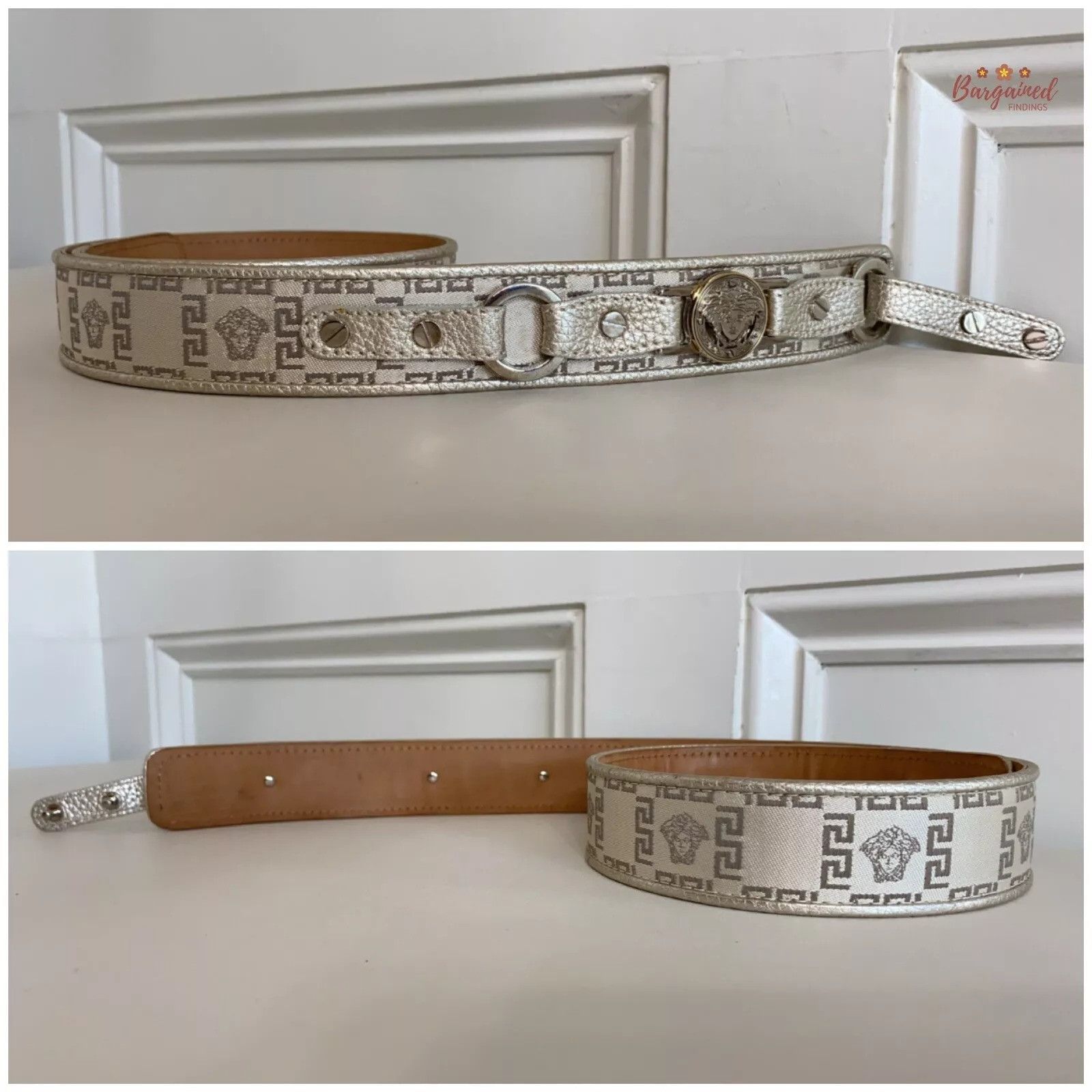 Versace Versace Metallic Leather Neutrals Nylon Medusa Insignia Belt Size 30 - 9 Thumbnail